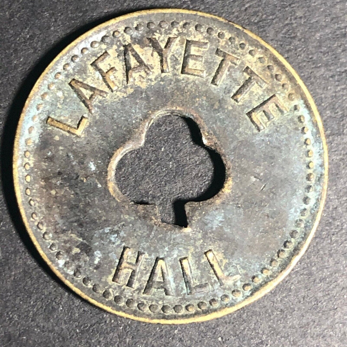 24.5mm Brass Lafayette Hall (Saloon Sacramento, CA) Token Clover Shamrock (#11)