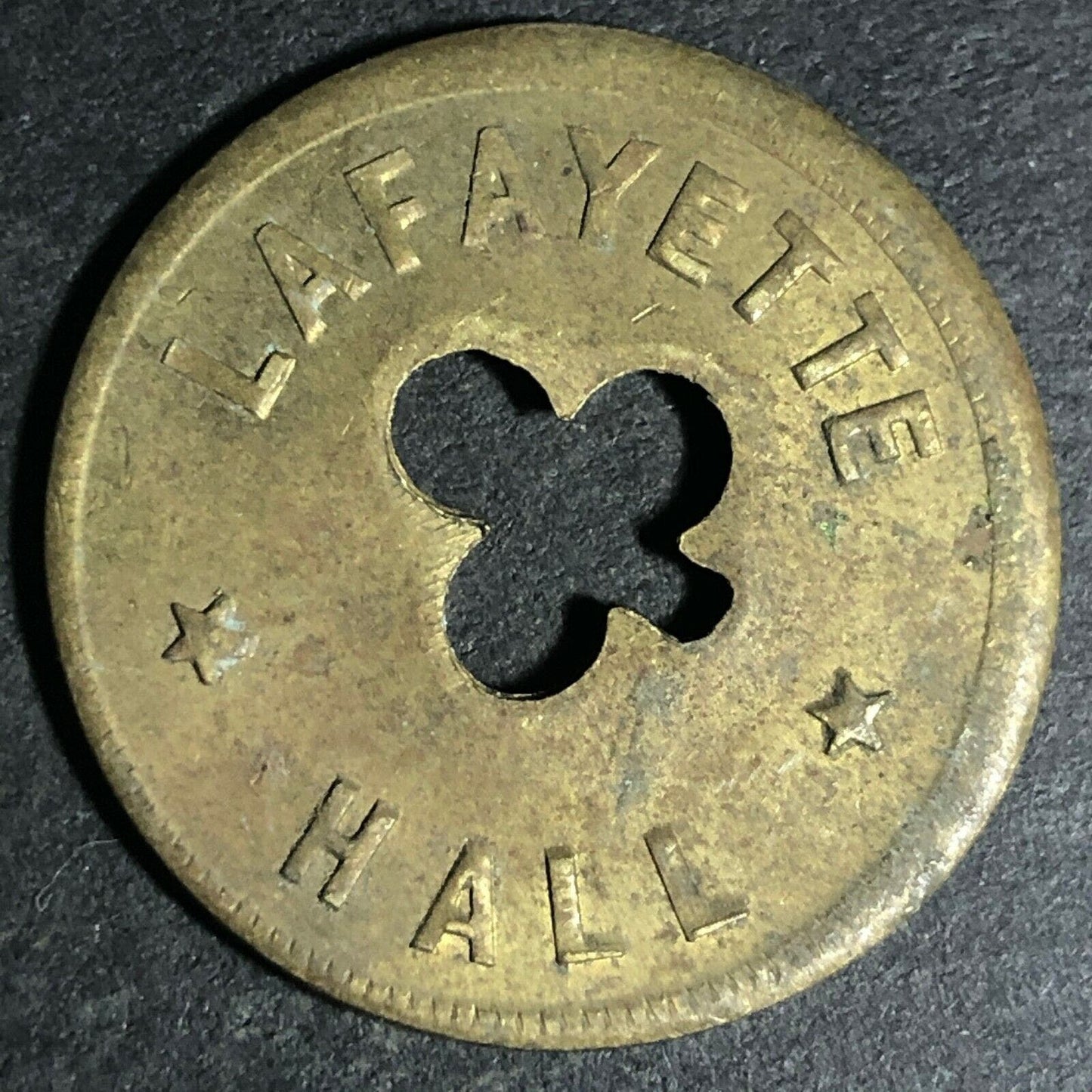 24.5mm Brass Lafayette Hall (Saloon Sacramento, CA) Token Clover Shamrock (#51)