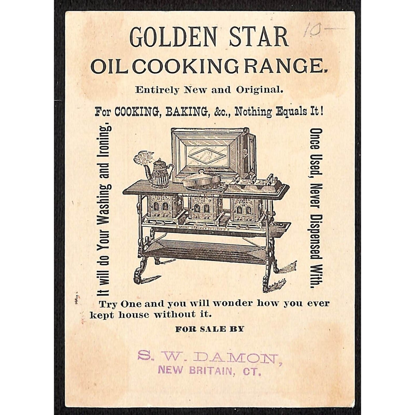 New Britain, CT S.W. Damon Victorian Trade Card Golden Start Oil Cooking Range