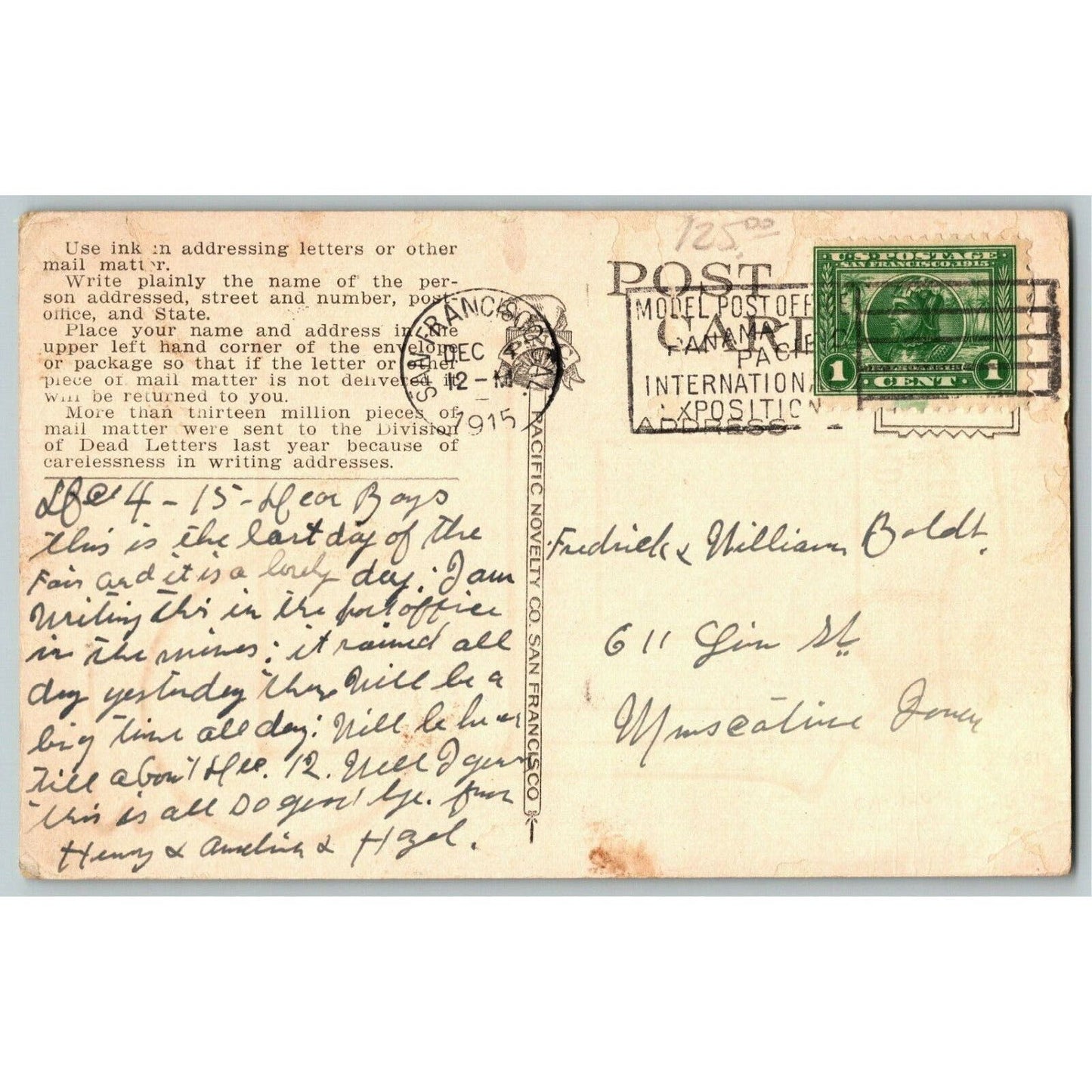 Vintage 1915 Pan Pacific Exposition San Francisco Postcard "USPS Postal Tubes"