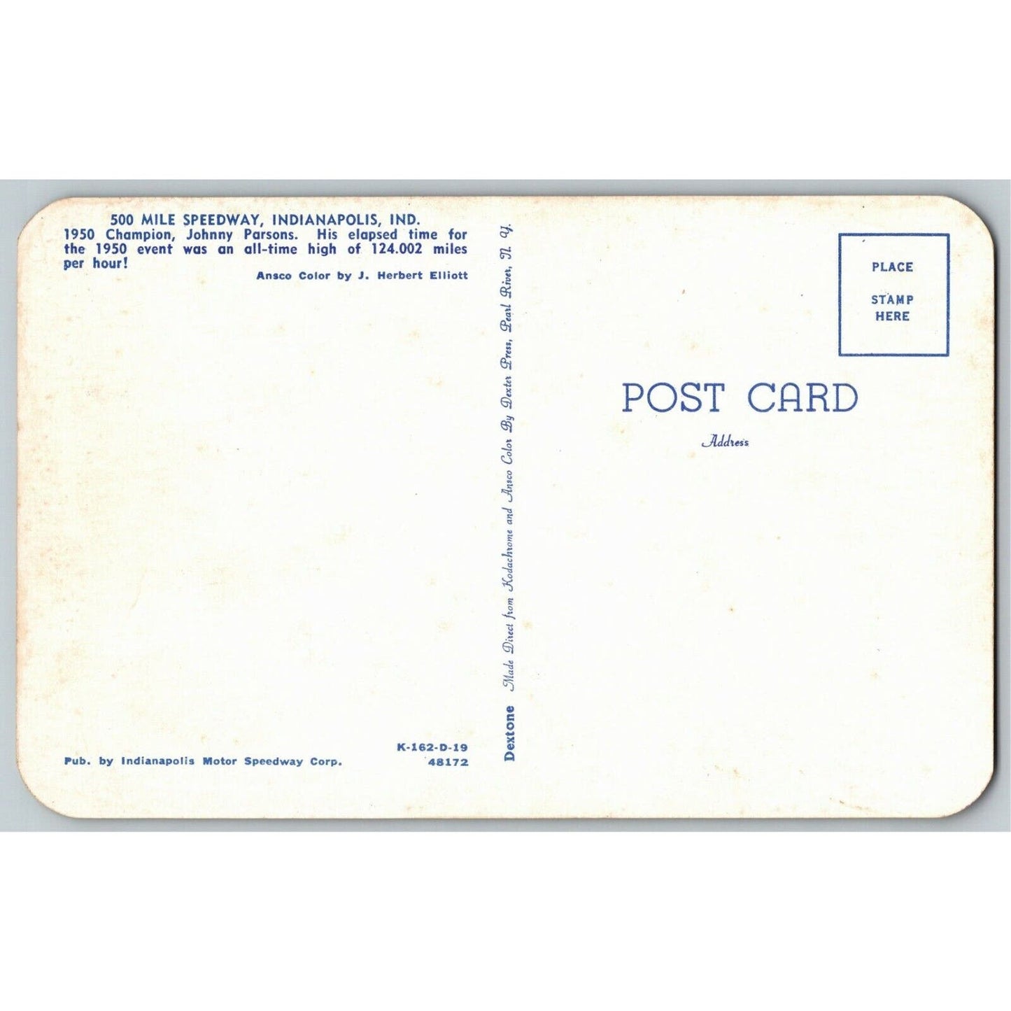 Indy 500 Postcard 1950 "Johnny Parsons" VGC Unposted Rounded Corners