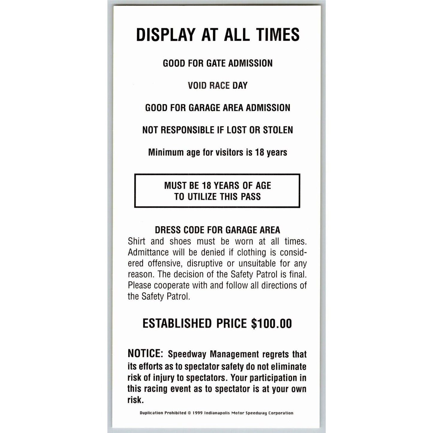 1999 Indy 500 Season Garage / Gasoline Alley Pass Indianapolis IMS VGC #3814