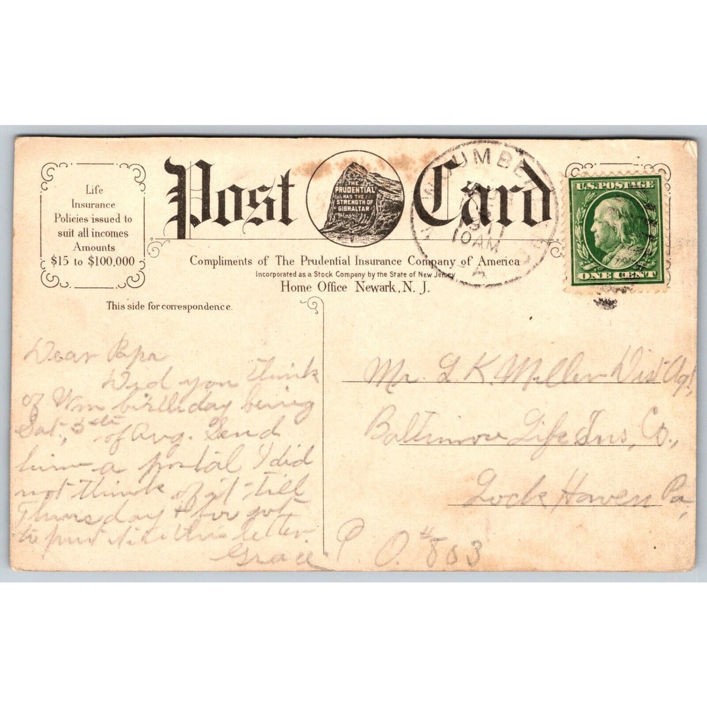 Prudential Ins. Co. "Strength of Gibraltar" Adv. Postcard PM 1911 Rosia Bay