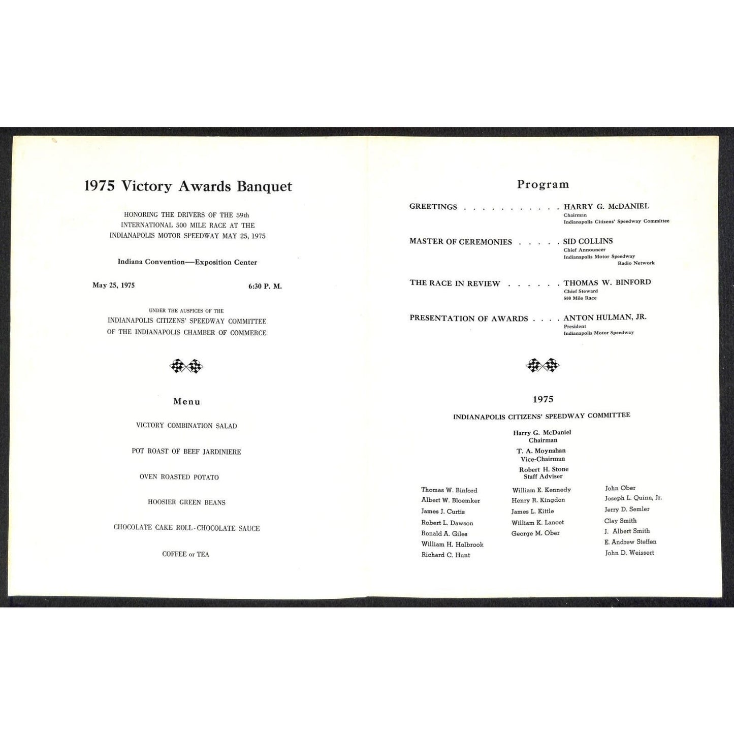 1975 Indy 500 Indianapolis Motor Speedway Victory Banquet Program - Cover Only