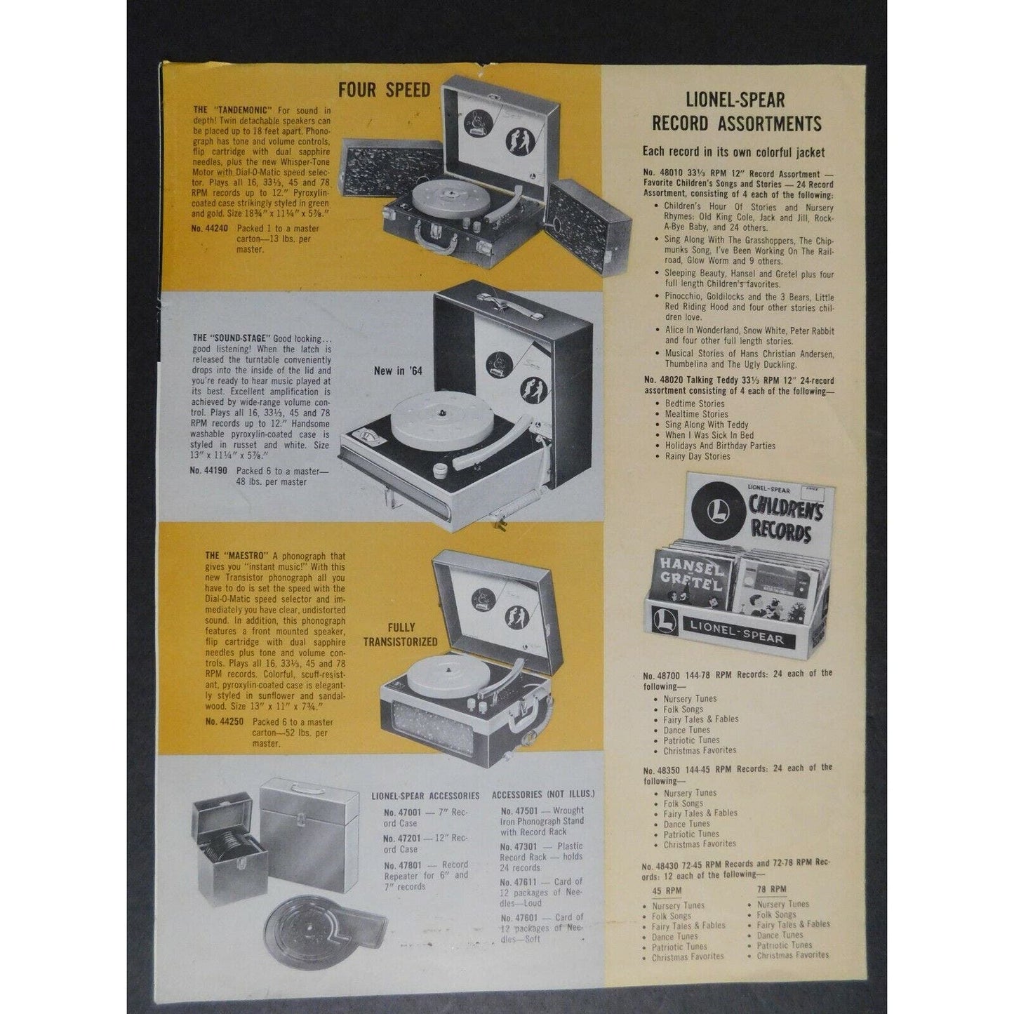 Original 1964 Lionel Spear Phonographs & Accessories Folded 1 Sheet VGC
