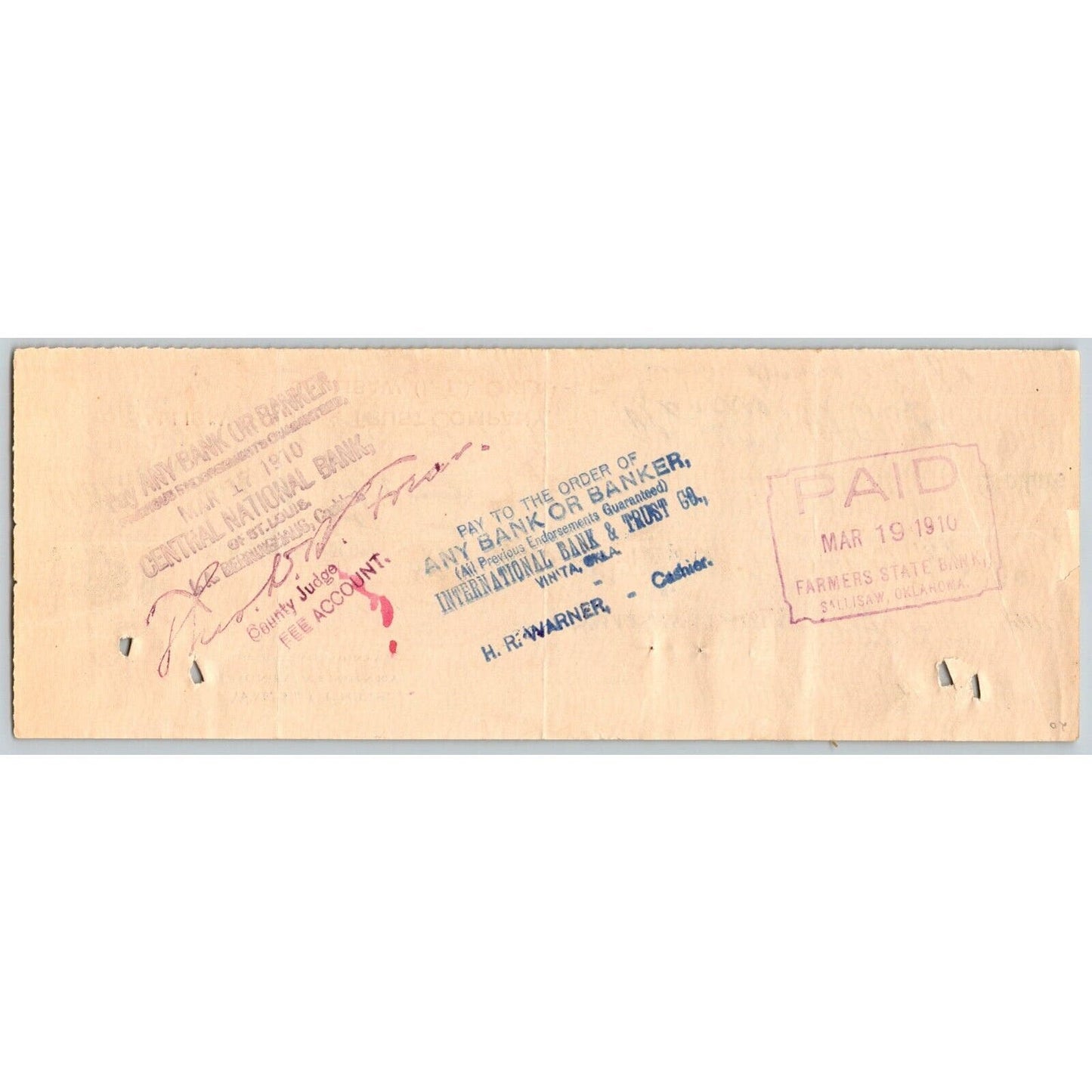 Sallisaw Indian Territory Oklahoma Bank Check 1900 Wm. L. Curtis State Attorney