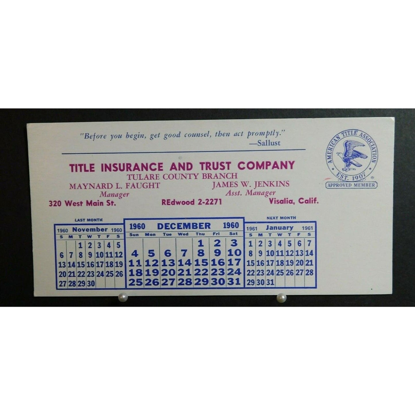 1960 Ink Blotter Advertising - Title Insurance & Trust - Visalia Calif