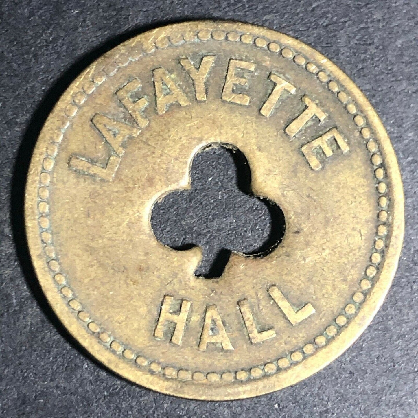 24.5mm Brass Lafayette Hall (Saloon Sacramento, CA) Token Clover Shamrock (#21)