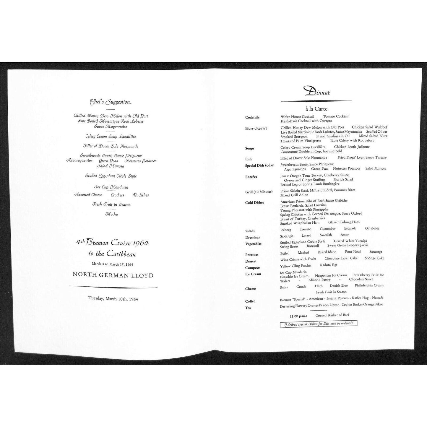 1964 North German Lloyd Bremen Cruise Line Dinner Menu Mar 10