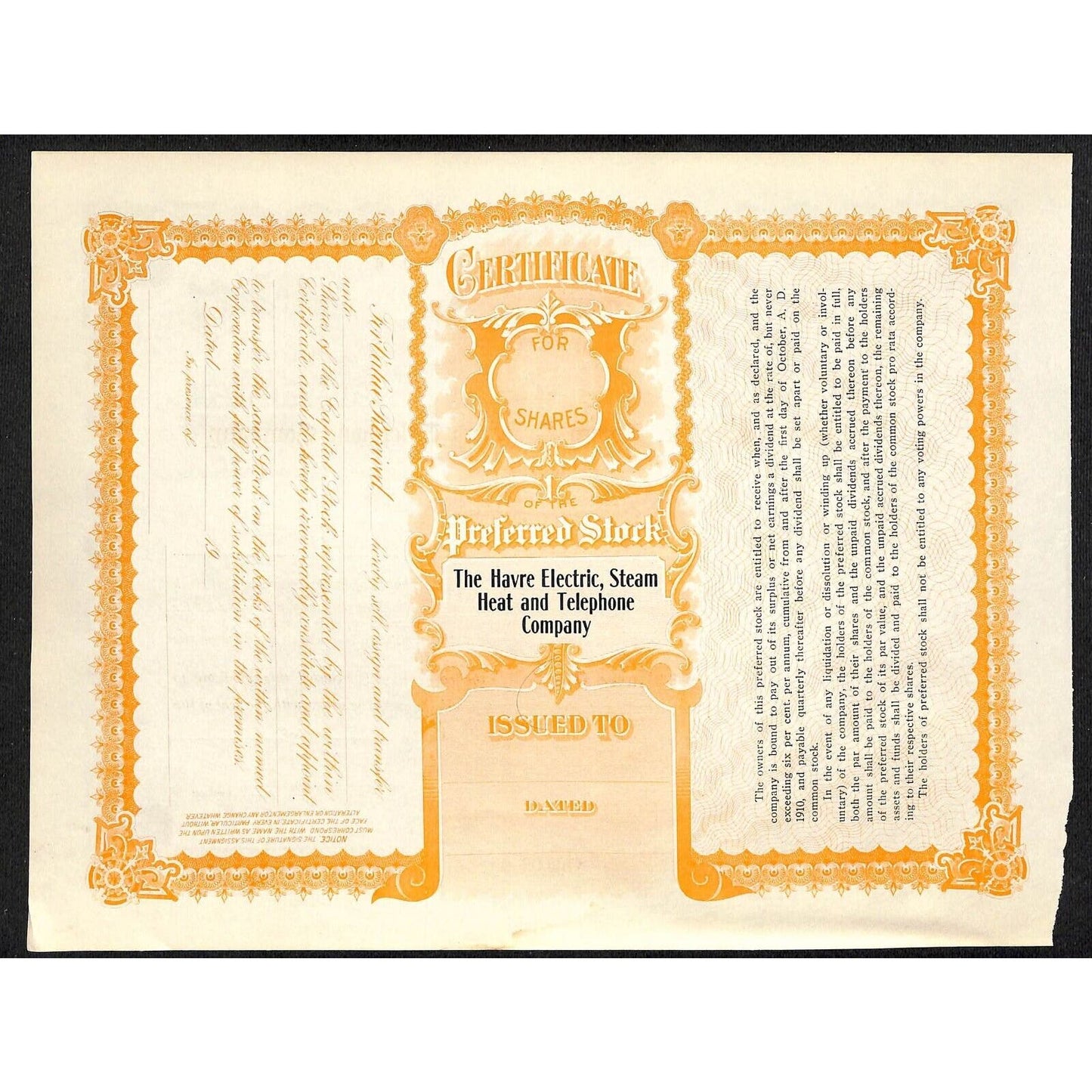 Havre Electric, Steam Heat and Telephone Montana c1910 Unused Stock Certificate