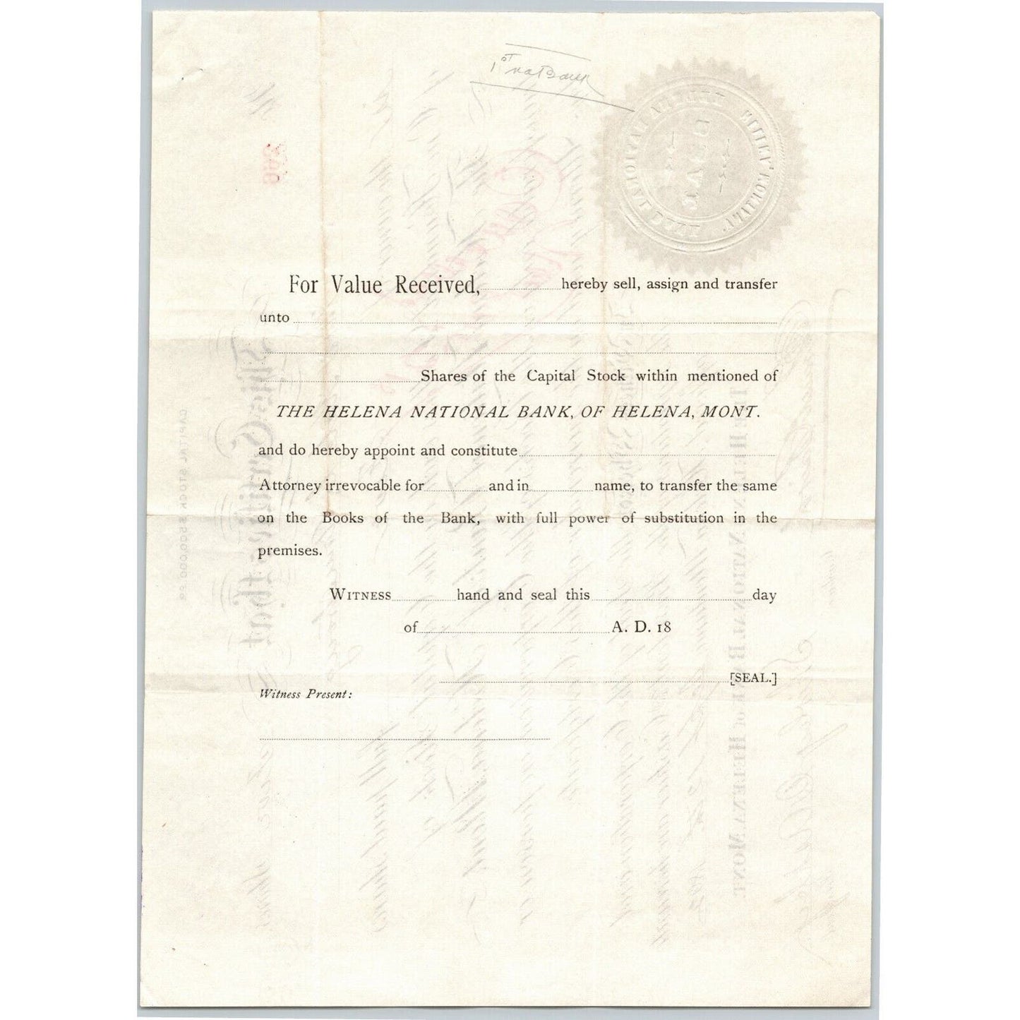 Helena National Bank, Montana 1892 Stock Certificate Cert# 266 for 5 Shares