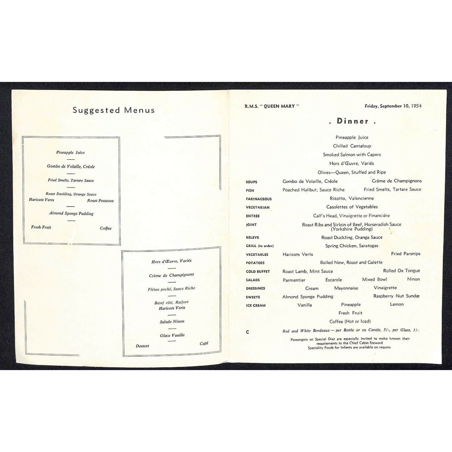 Vintage 1954 Cunard Cruise Line Queen Mary Dinner Menu Sept 10 - Anchor Pattern