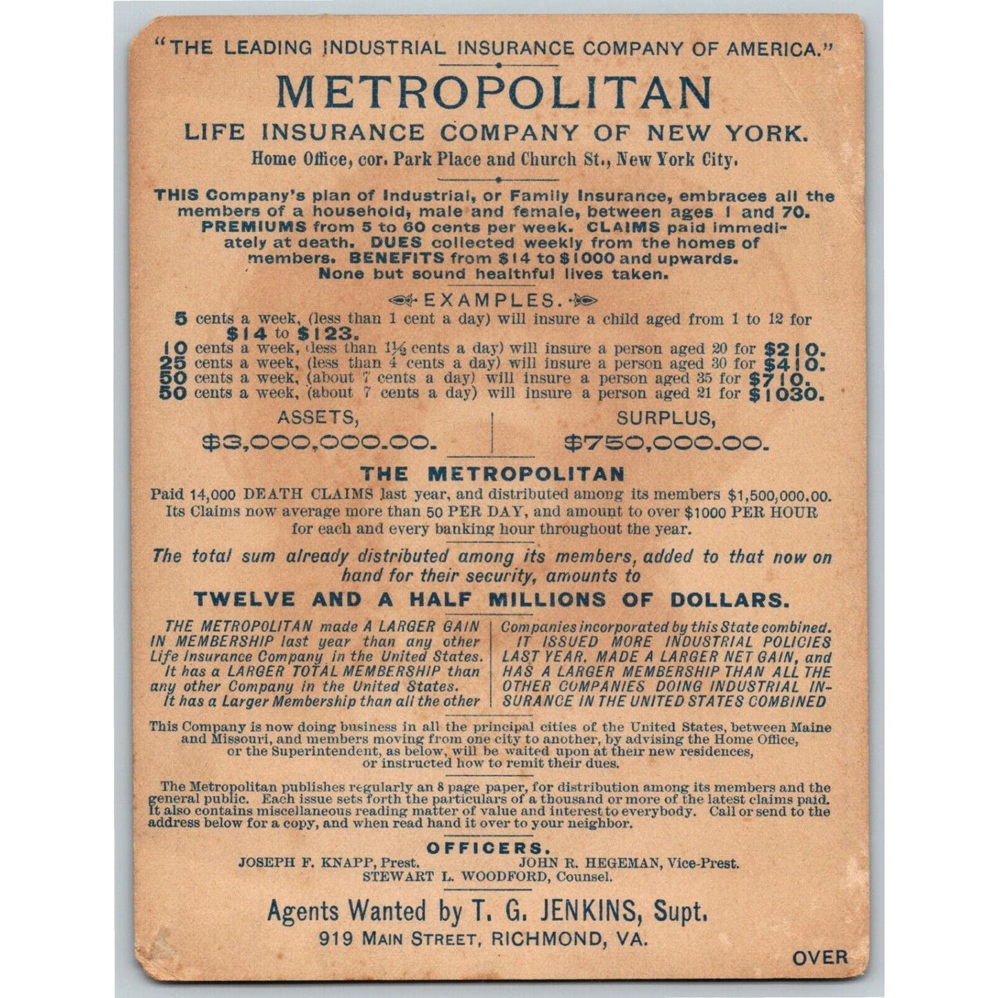 Metropolitan Life Insurance Branch Ofc Richmond, VA Large Victorian Trade Card