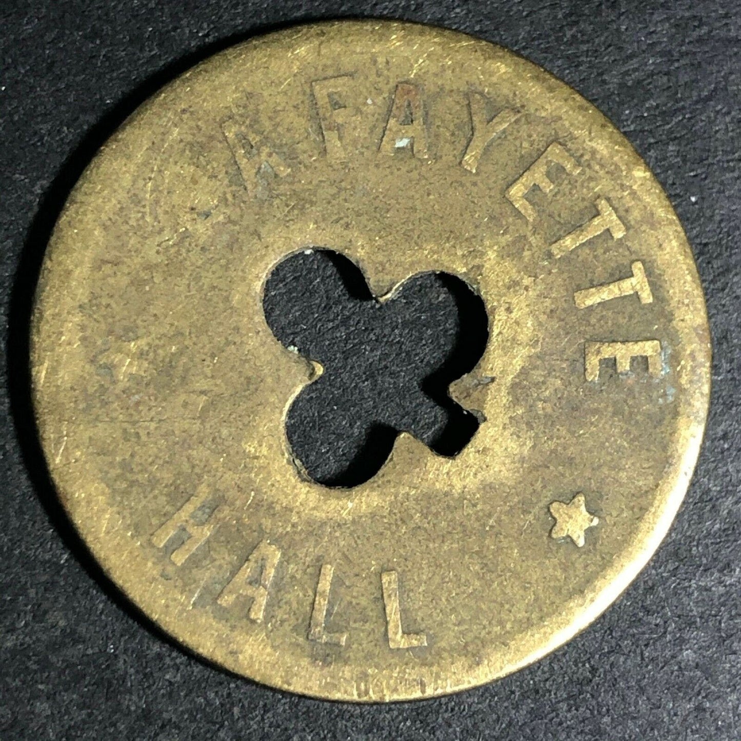 24.5mm Brass Lafayette Hall (Saloon Sacramento, CA) Token Clover Shamrock (#34)