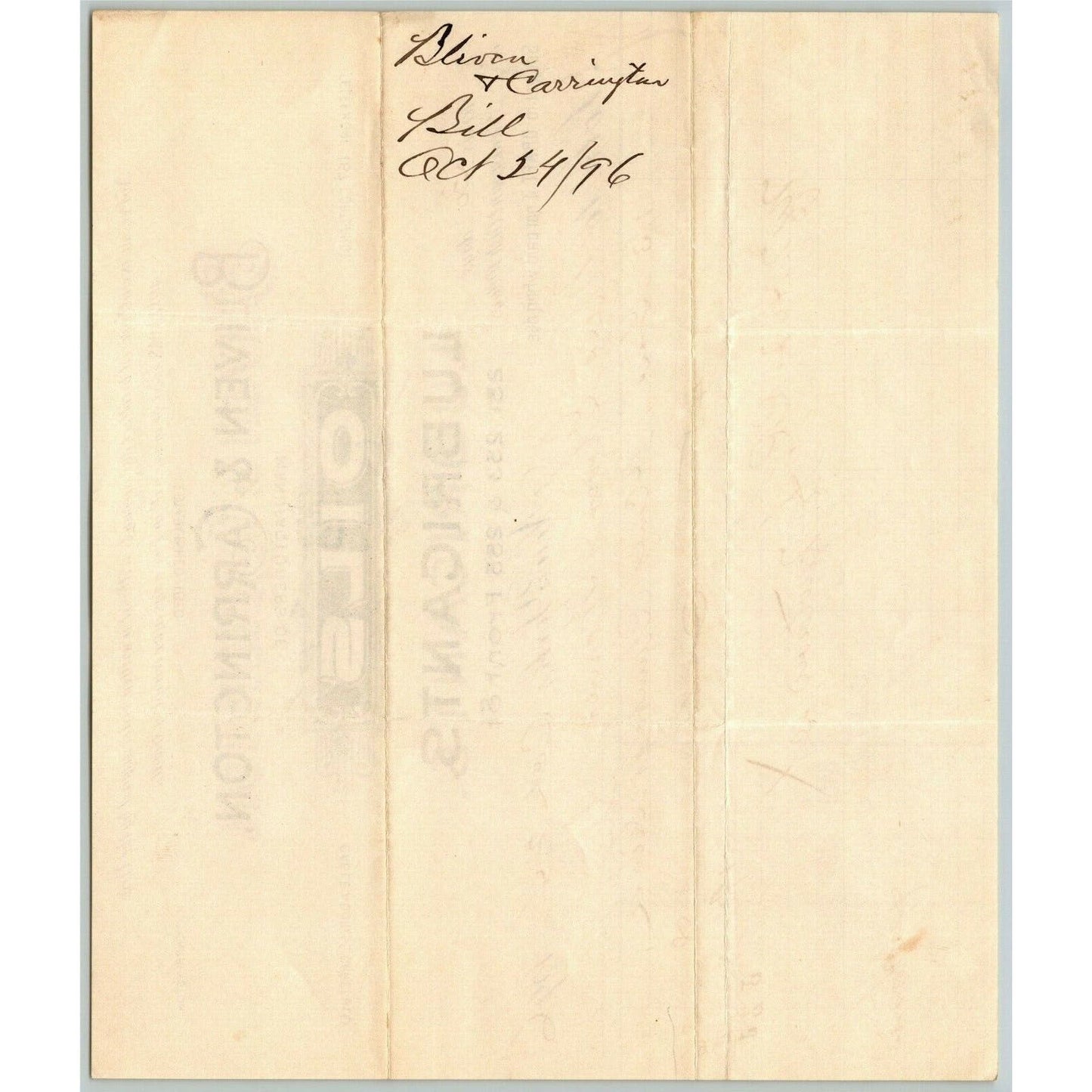 Bliven & Carrington Oil NY to Glover, Warner & Clarke Sandy Hook Letterhead 1896