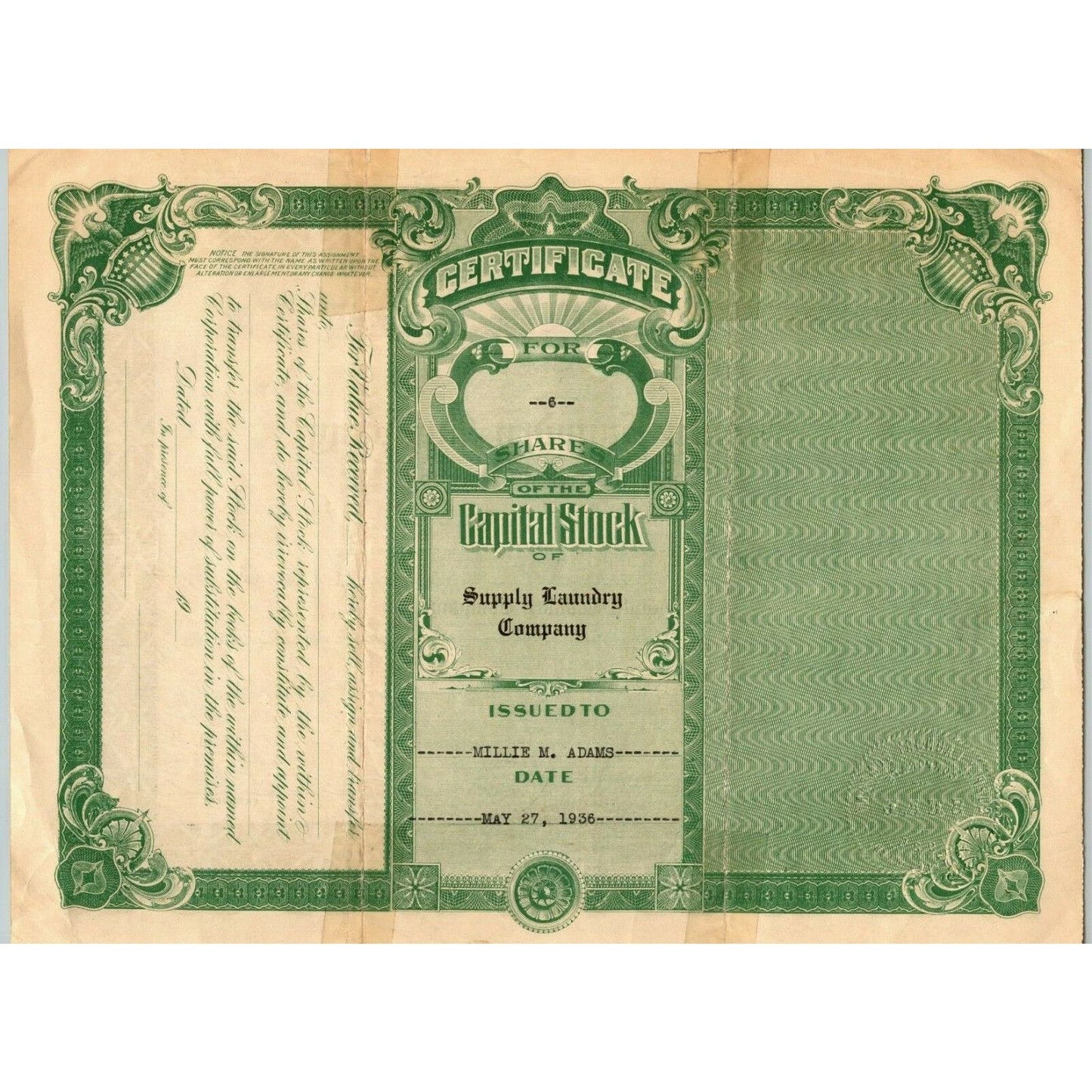 Vintage 1936 Stock Certificate "Supply Laundry Company" Washington