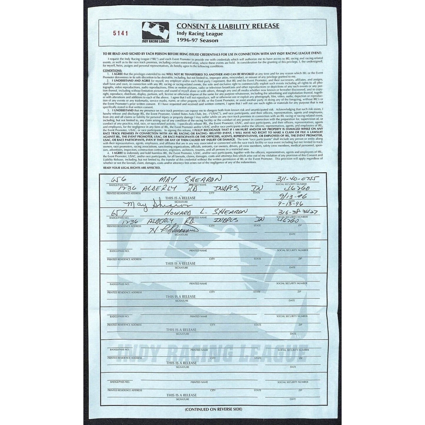Indy Racing Team 1996-1997 Consent & Liability Release Form Sheet - Indy 500