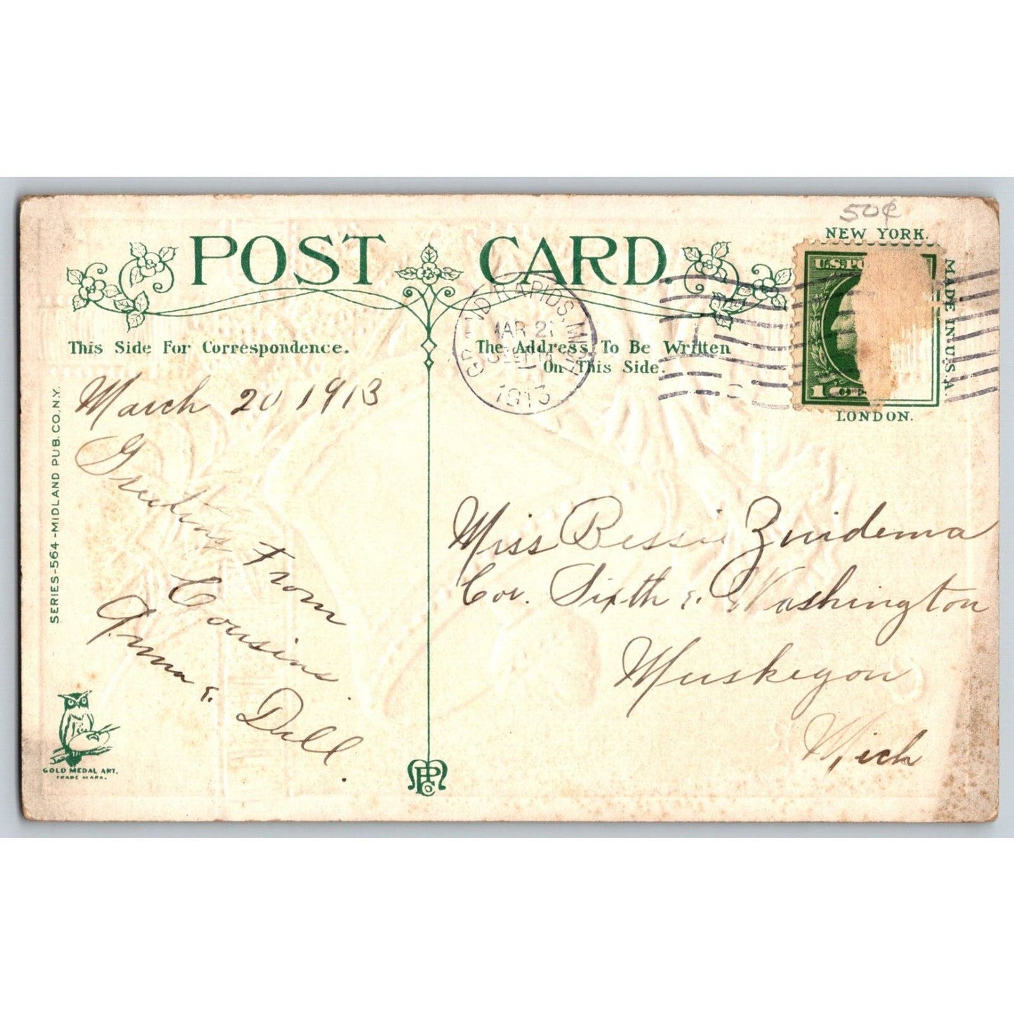 Easter Postcard "Christ Is Risen" Floral Bell Poem Embossed PM 1913