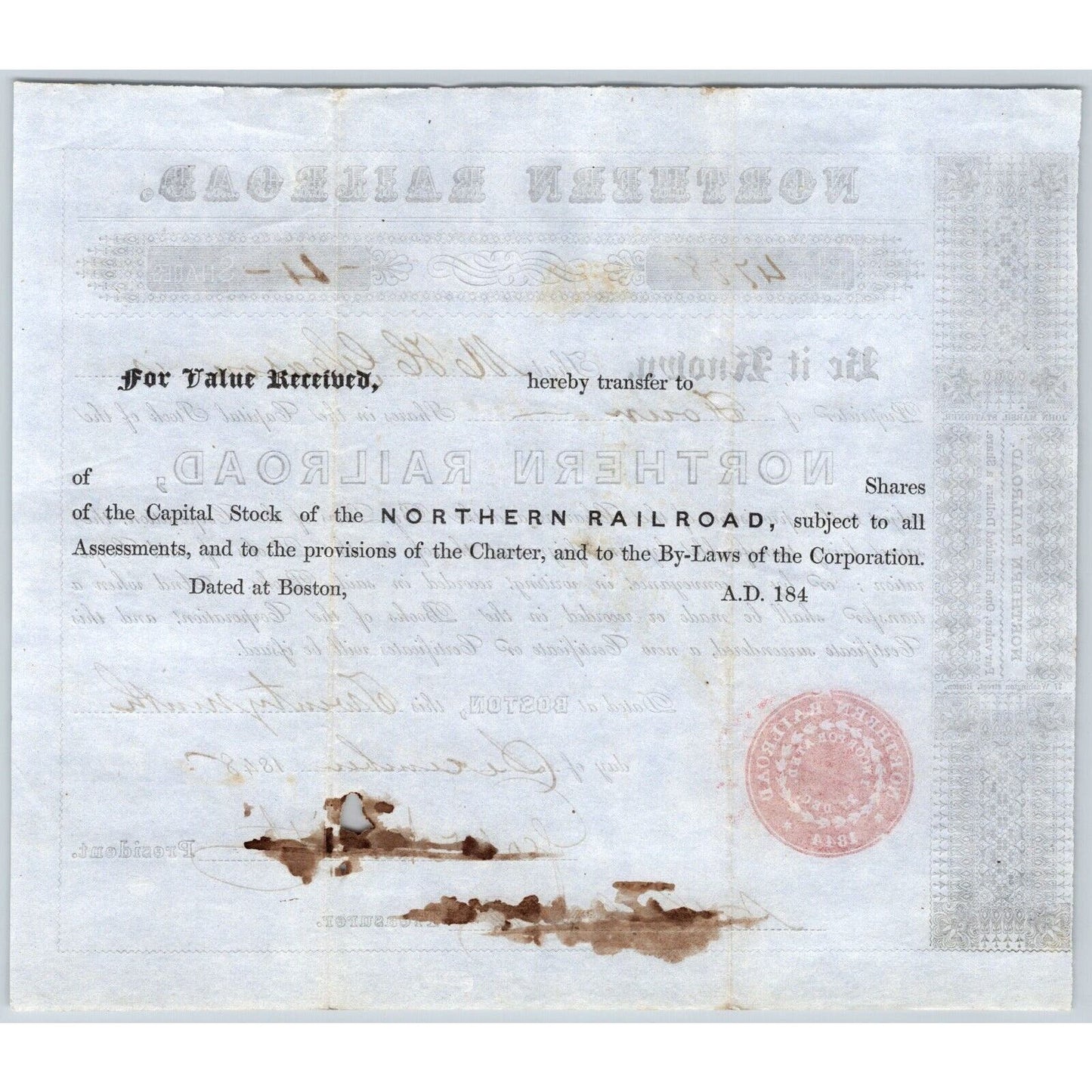 1848 Boston, MA Northern Railroad Stock Certificate No. 4778 for 4 Shares