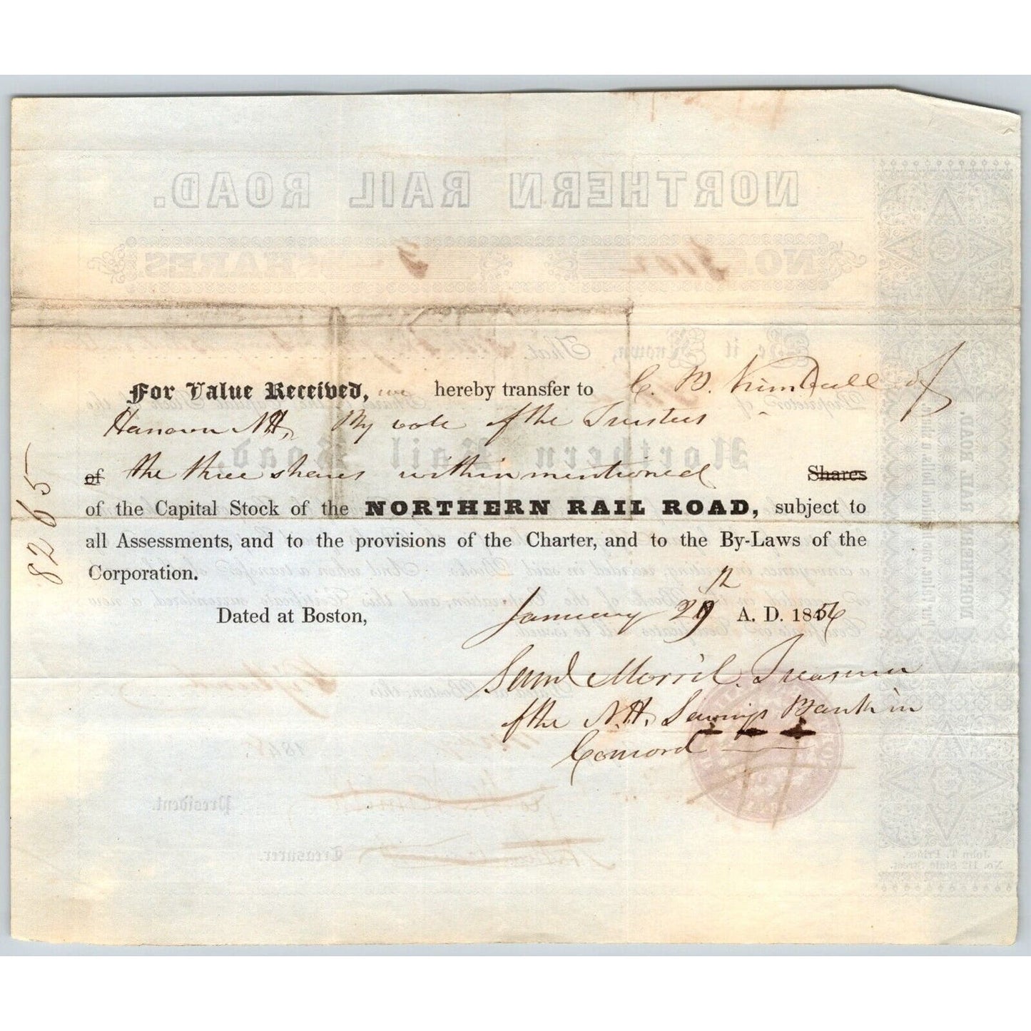 1848 Boston, MA Northern Railroad Stock Certificate No. 7102 ? for 3 Shares
