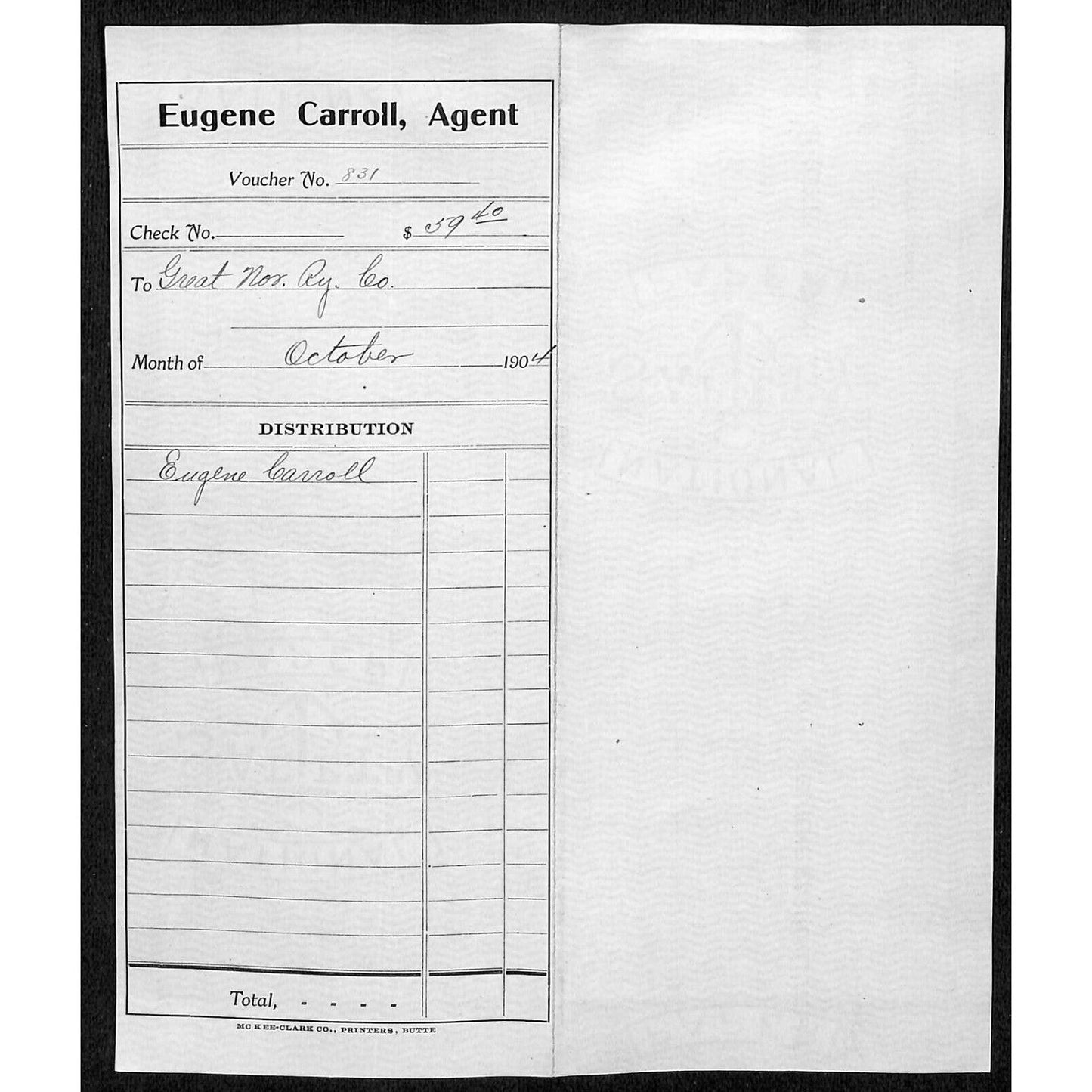 1904 Check Bank of Montana Helena Butte, MT Eugene Carroll to Great Northern RY