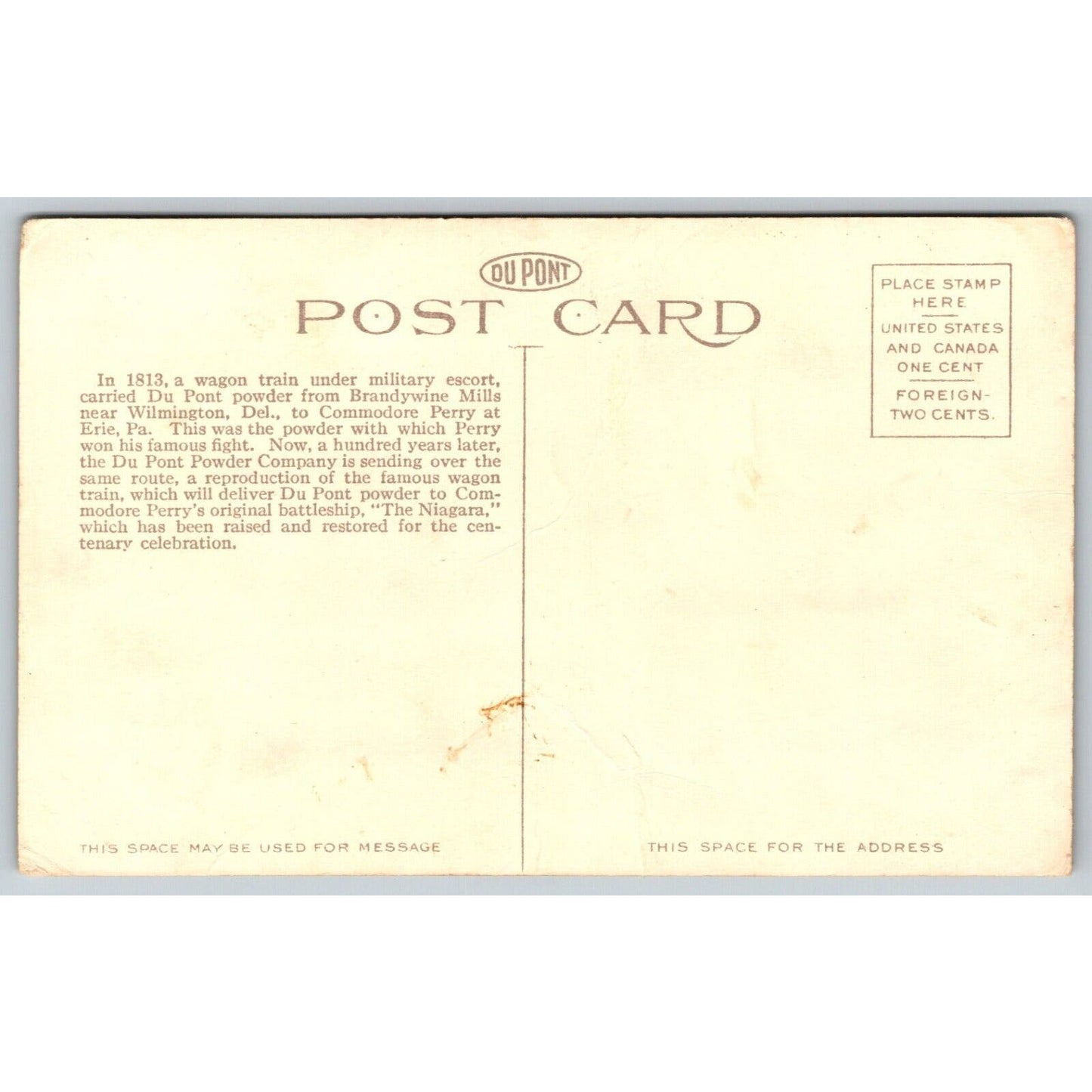 Dupont Powder Wagon Commodore Perry 1813 Advertising Postcard c1910-15