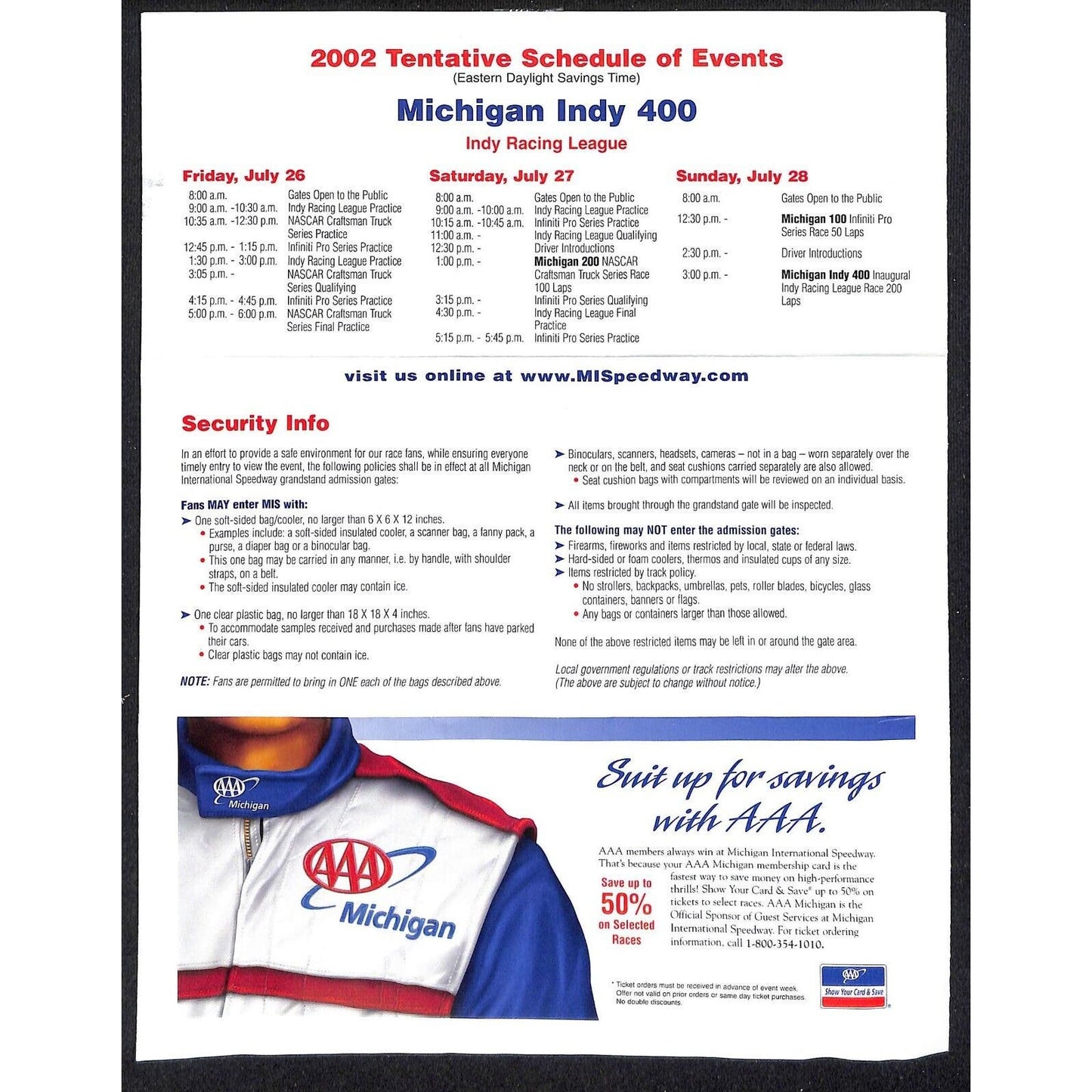Michigan International Speedway 2002 Traffic Plan Sheet Map Indy 400 Schedule