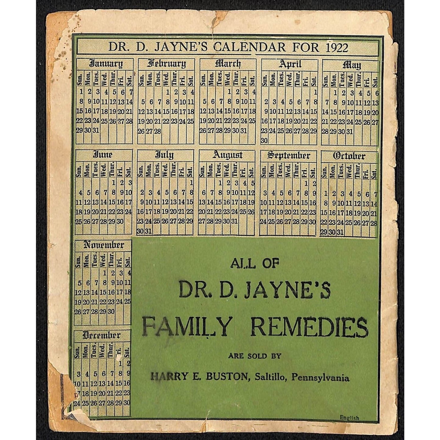 Dr. D. Jayne's Medical Almanac Calendar Philadelphia 1922 32pp