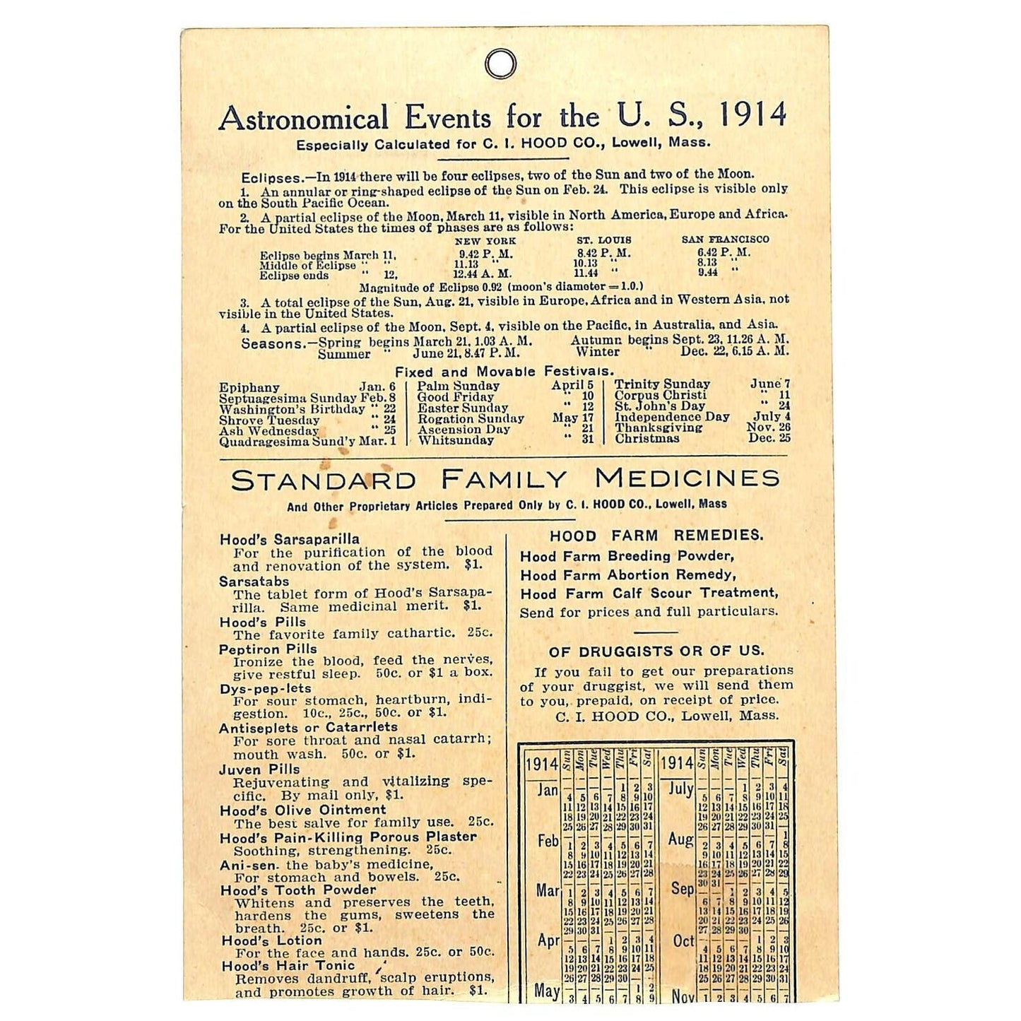 Hood's "Madonna" Astronomical U.S. Events / Family Medicines 1914 / Trade Card