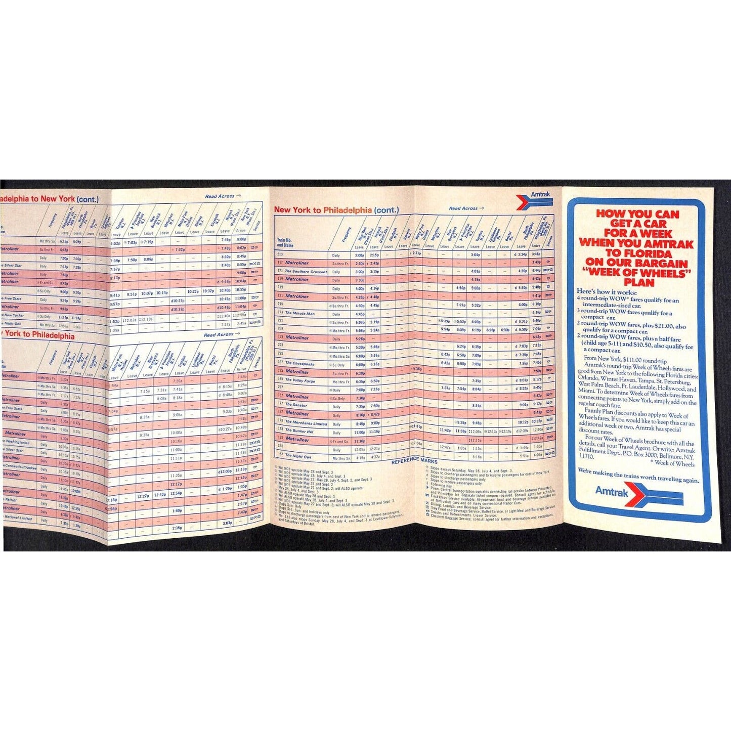 April 1973 Amtrack New York Philadelphia / Metroliners Times Table / Fare VGC