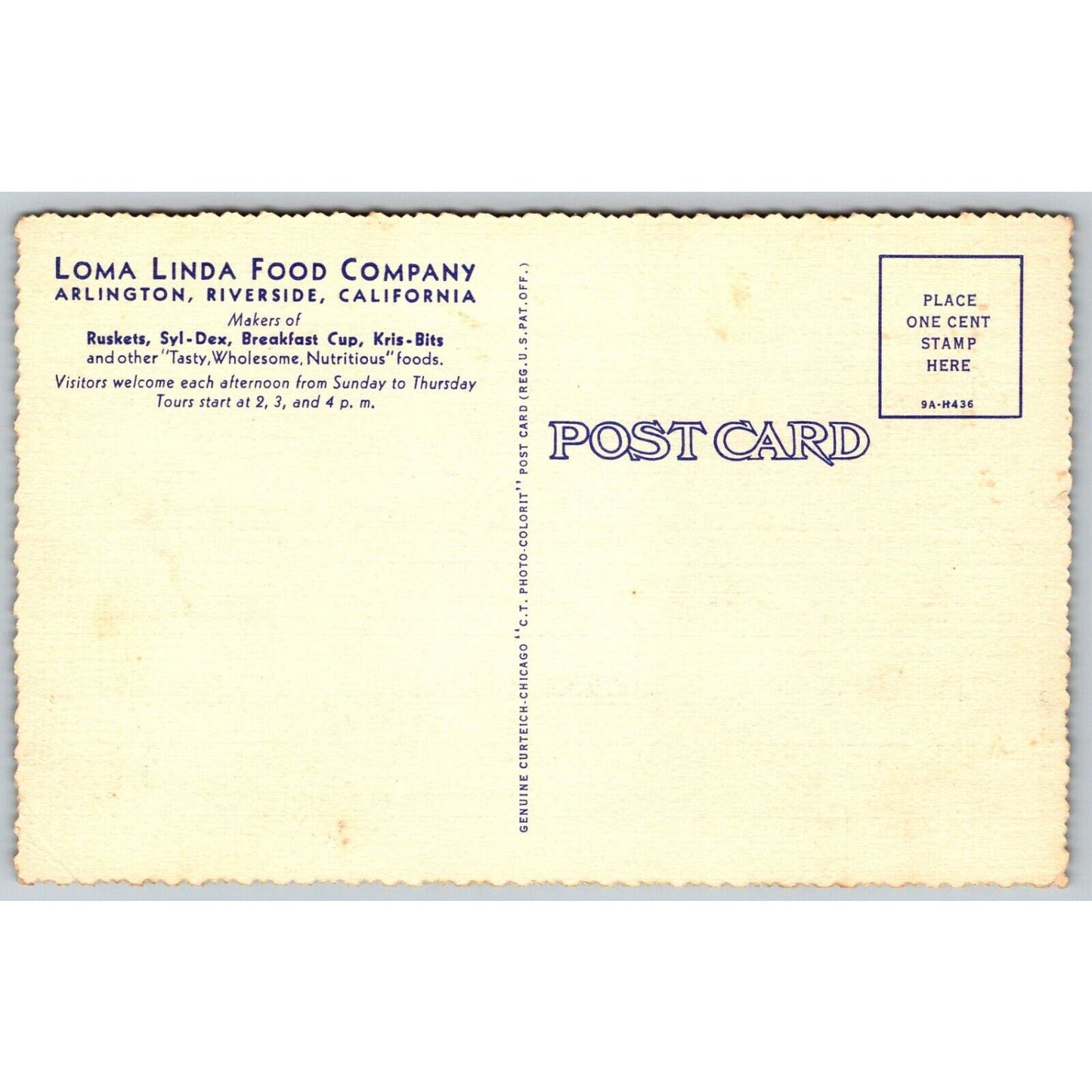 Loma Linda Food Co. "Ruskets" Cereal Advertising Postcard Scarce NP c1940's VGC