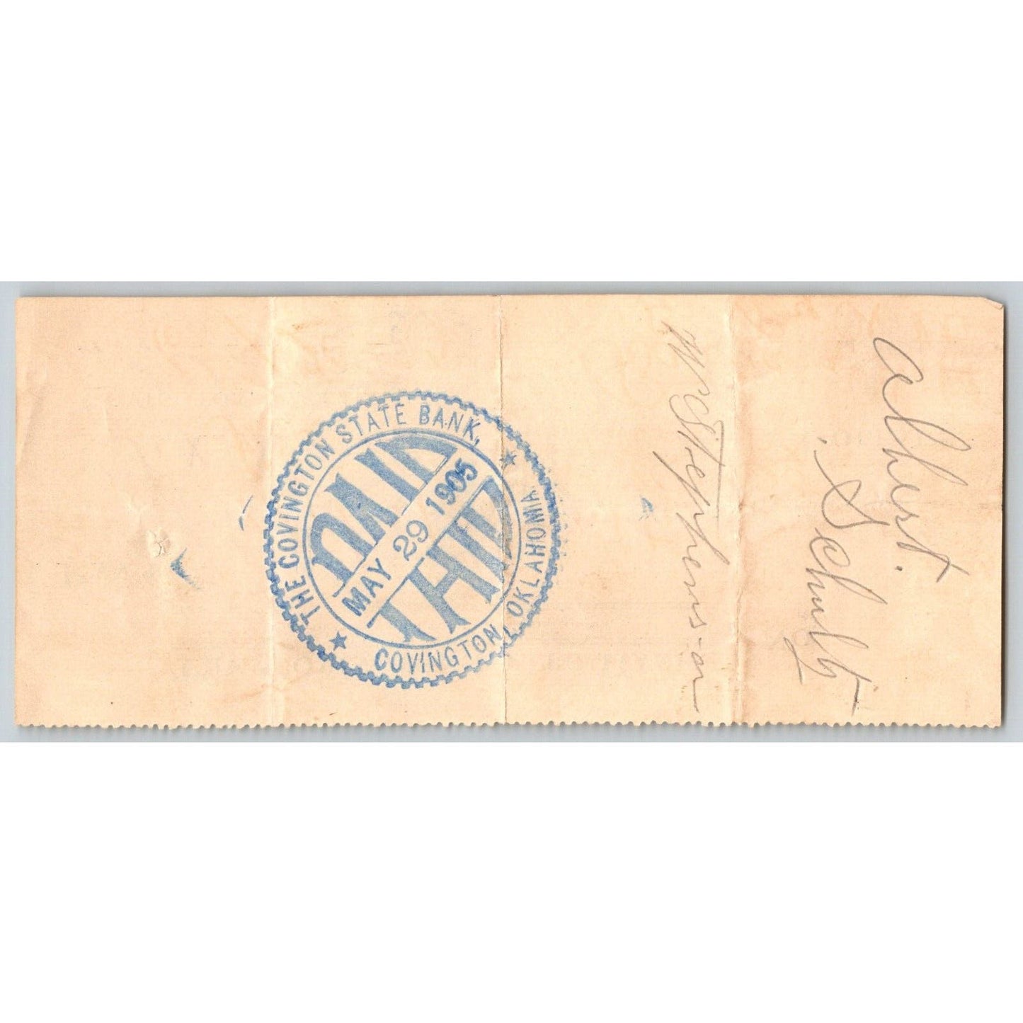 Covington, OK Territorial 1905 Covington State Bank Check w/ Bold Stamp - Scarce
