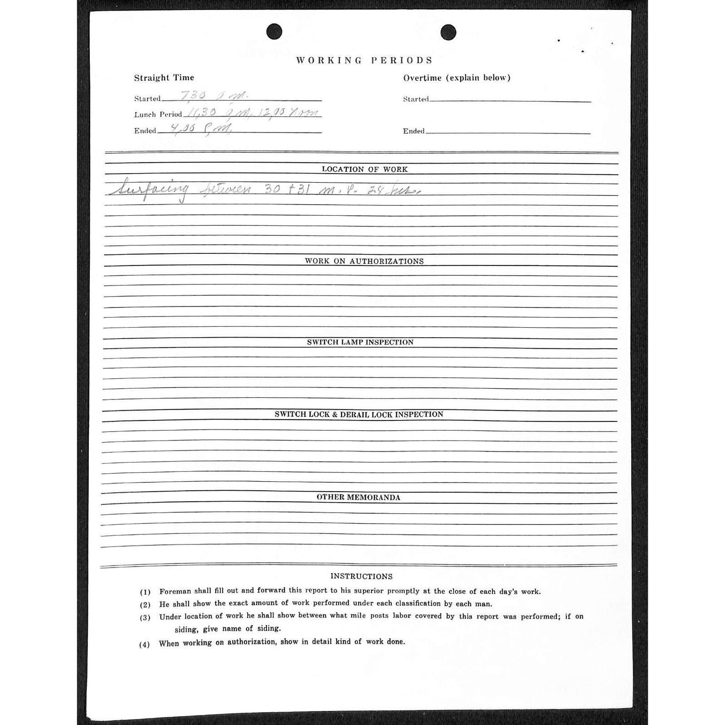 Montour Railroad Co. 1964 Foreman's Daily Time Report Form