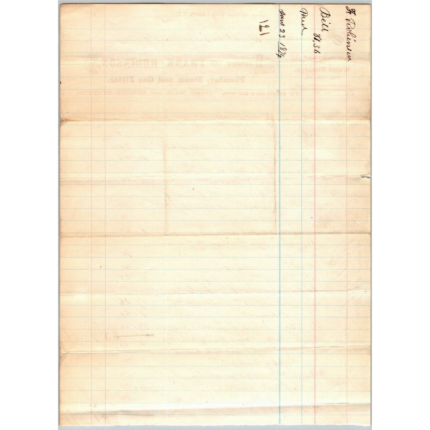 Long island City Astoria NY Billhead Letterhead 1874 Frank Robinson Plumber