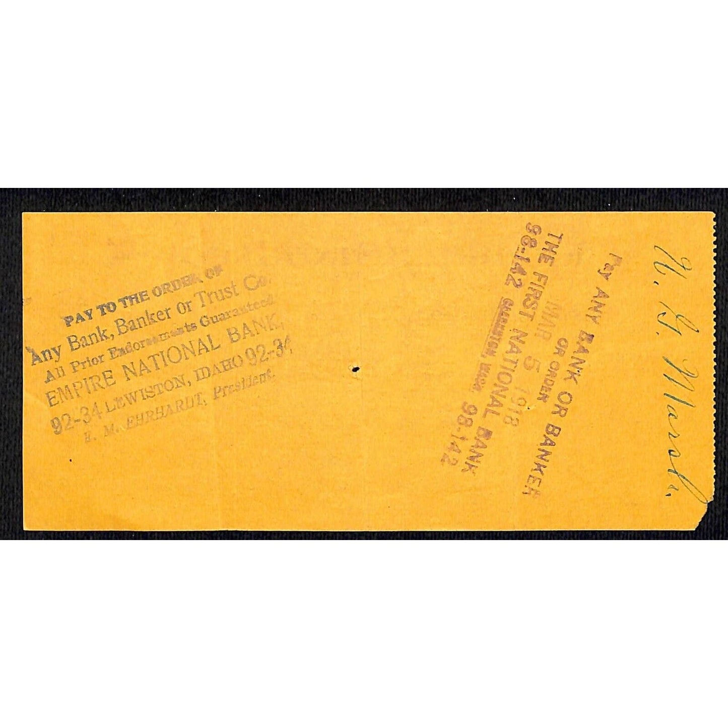 Kendrick State Bank - Idaho $7 Bank Check 1918