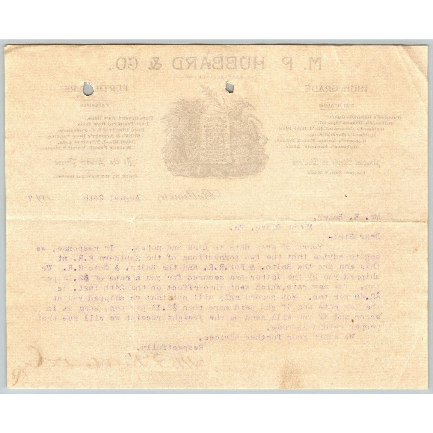 1897 Letterhead "M.P. Hubbard & Co". Fertilizers - Baltimore Ephraim Baker*