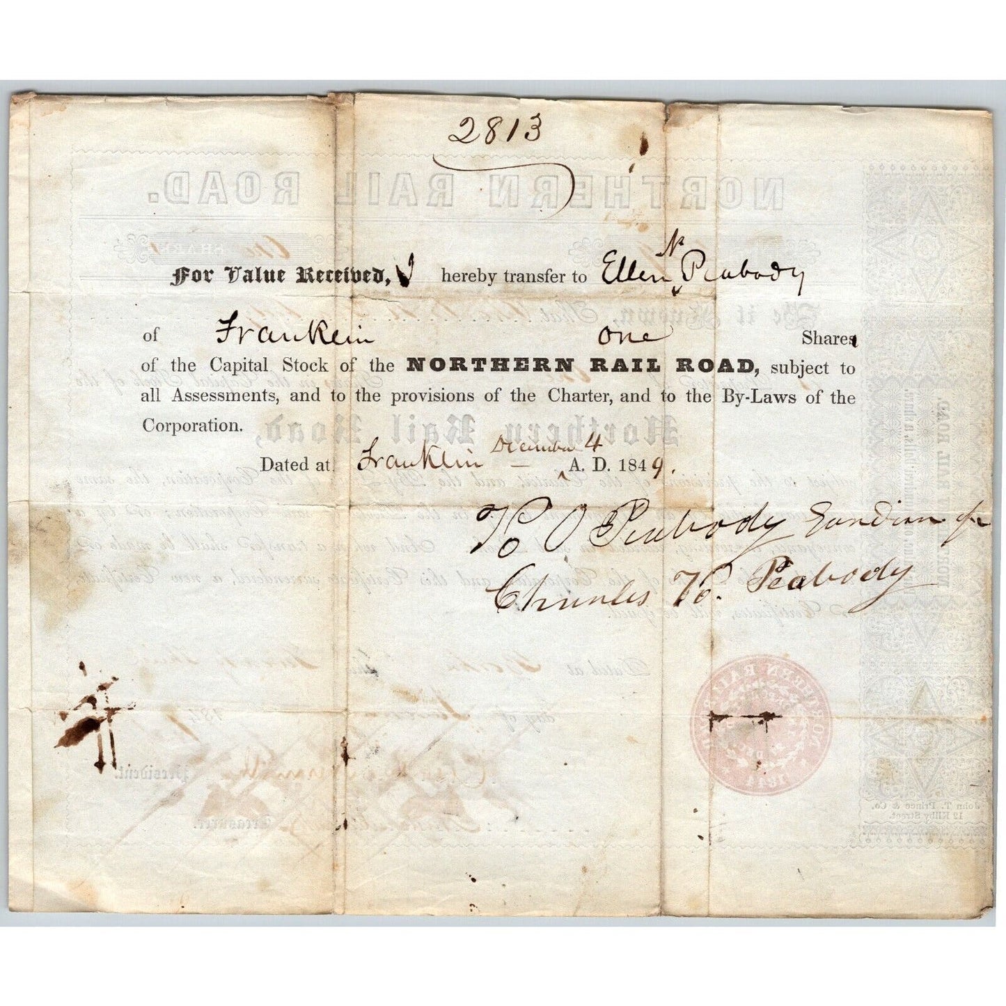 1847 Boston, MA Northern Railroad Stock Certificate LOW No. 229 for 1 Share