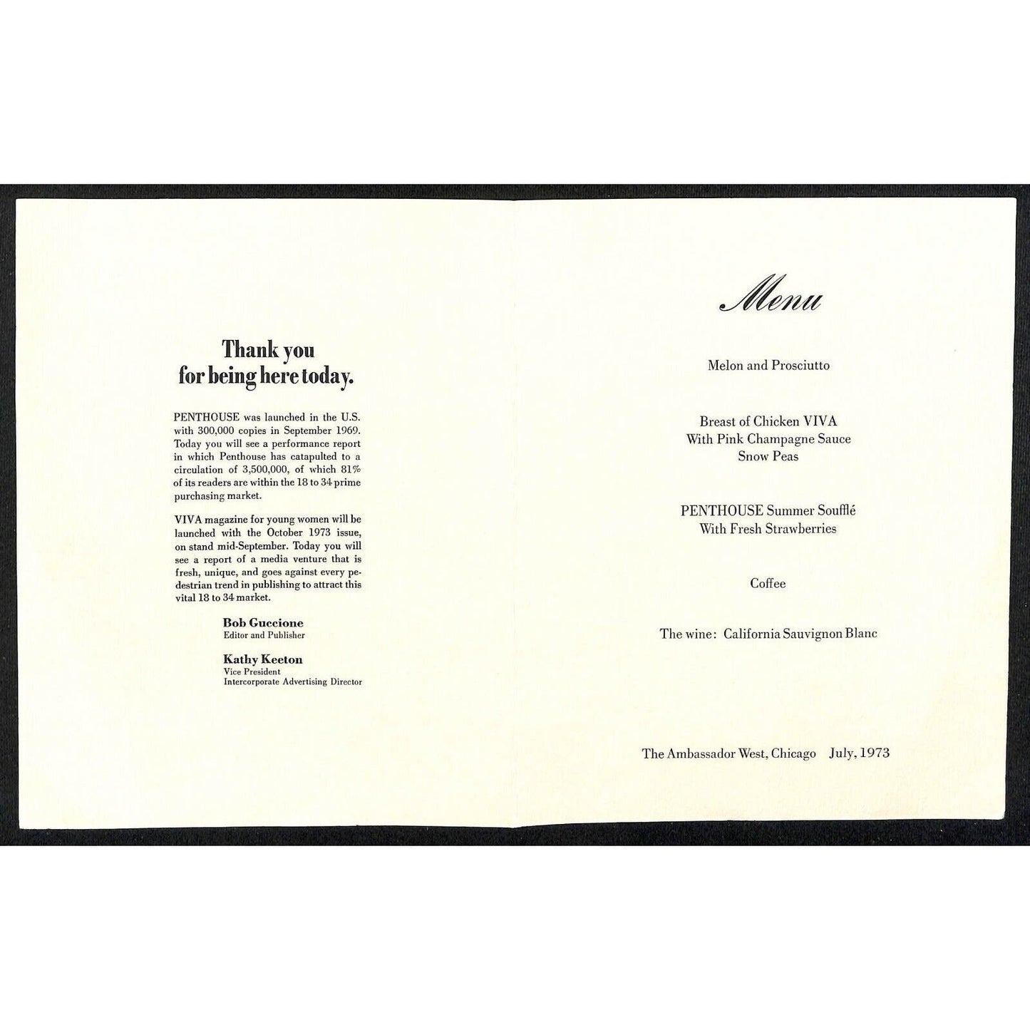 1973 Penthouse Magazine Viva Launch Summer Party Menu Ambassador West, Chicago