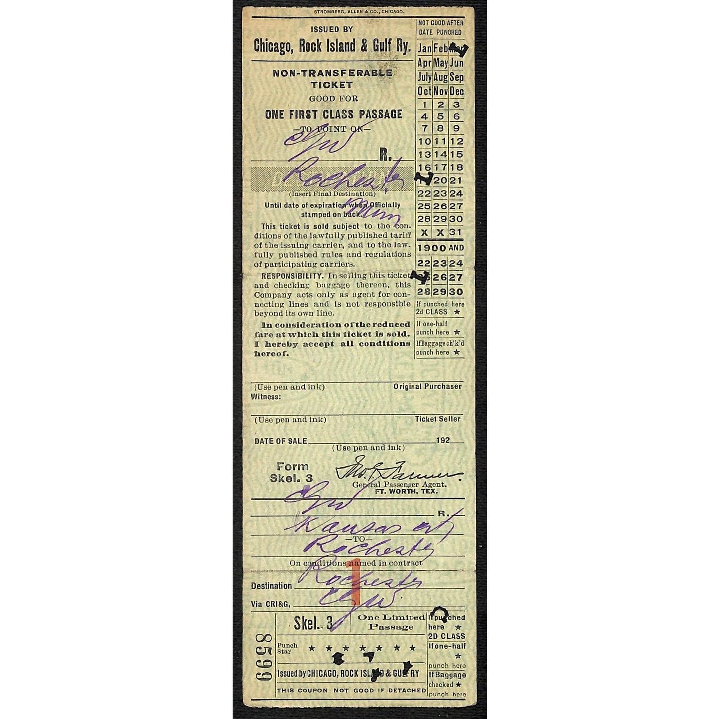 1925 Chicago, Rock Island & Gulf Railway Railroad First Class Ticket