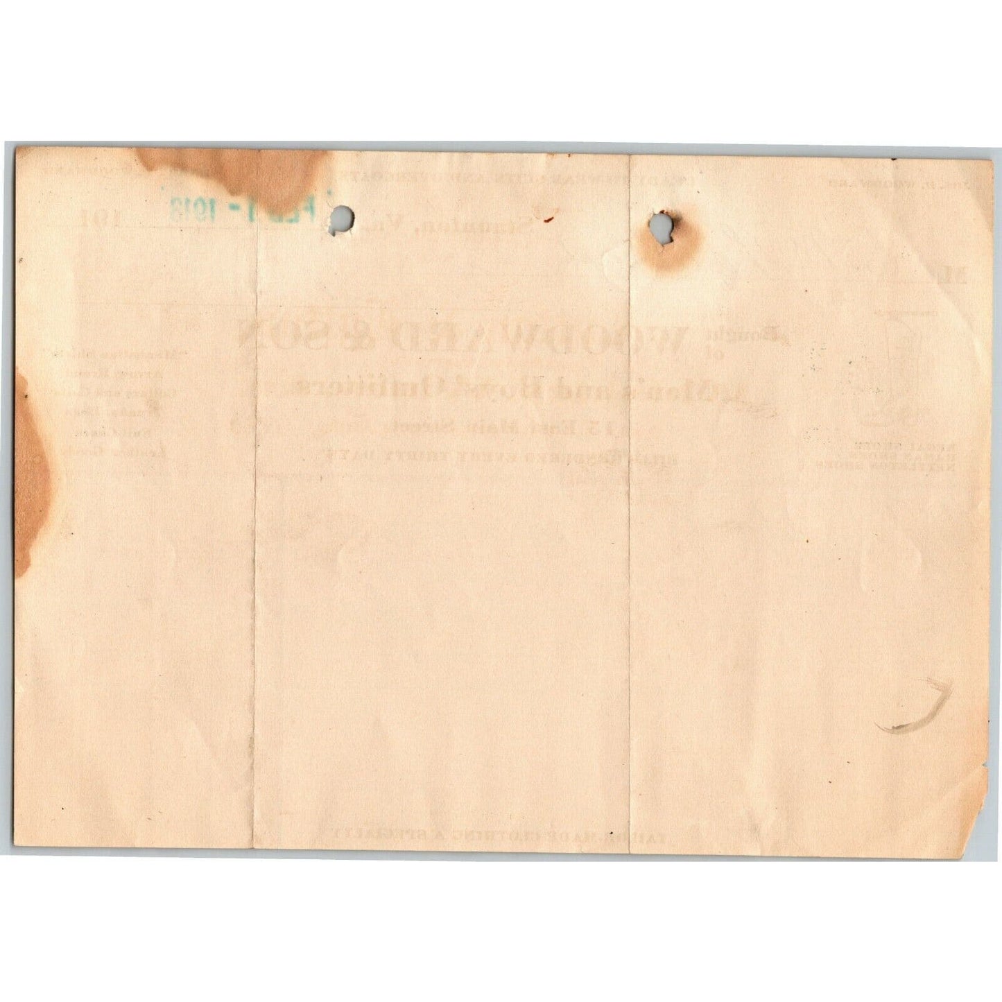 1913 Scarce Woodward & Son Men's Boy's Outfits Staunton, VA Letterhead Billhead