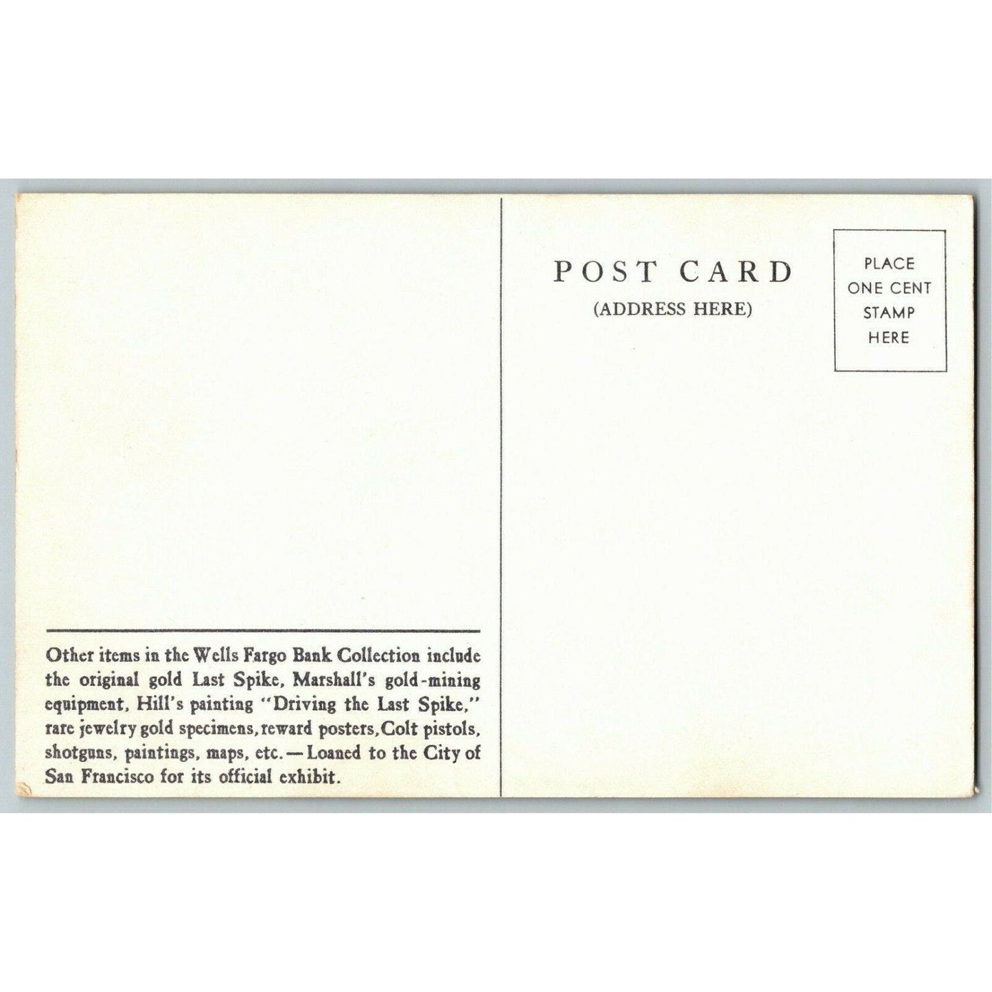 1939 SF World's Fair "Old Hangtown Wells Fargo Overland Stage" Postcard