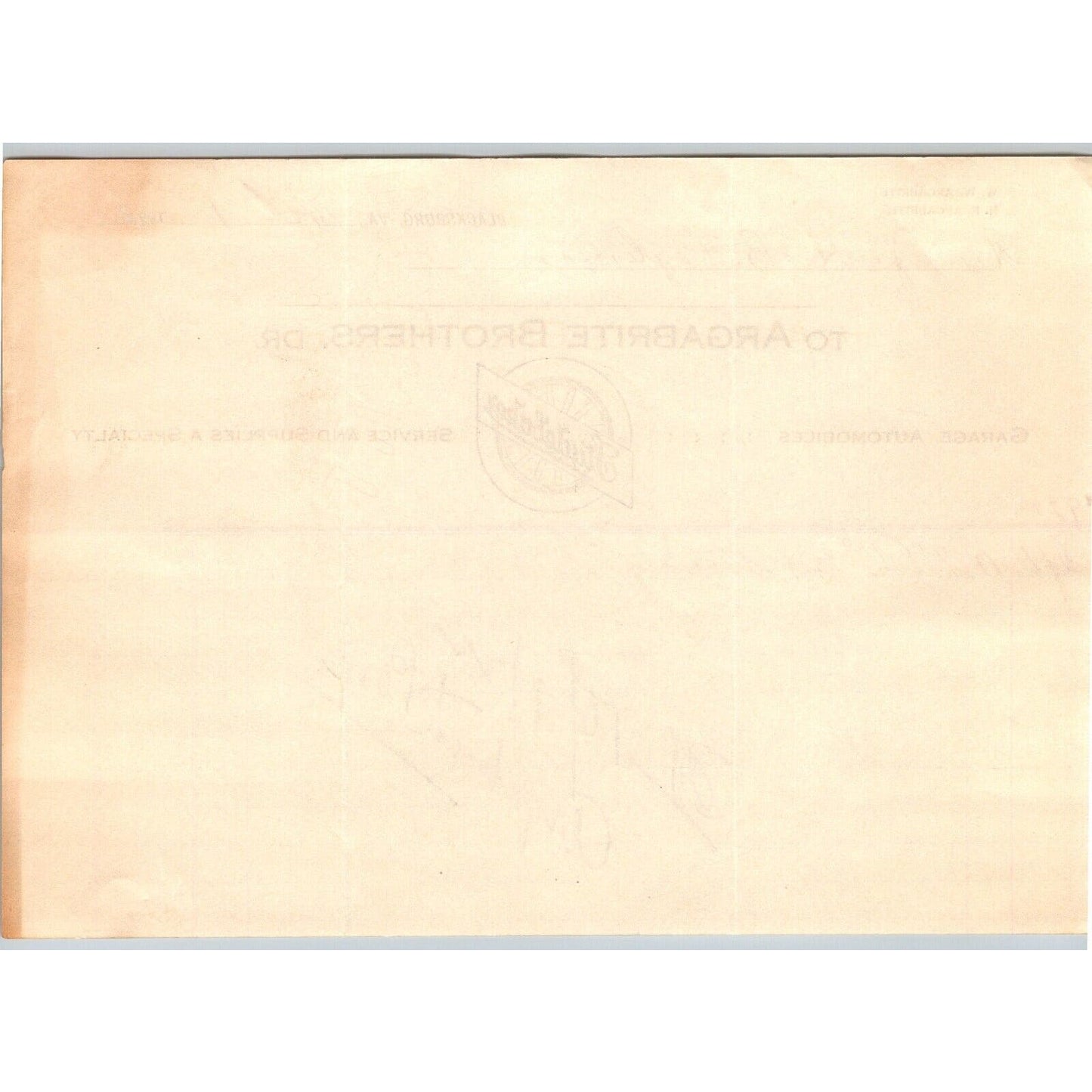 Blacksburg, VA Argabrite Brothers Studebaker Garage Automobiles 1922 Billhead
