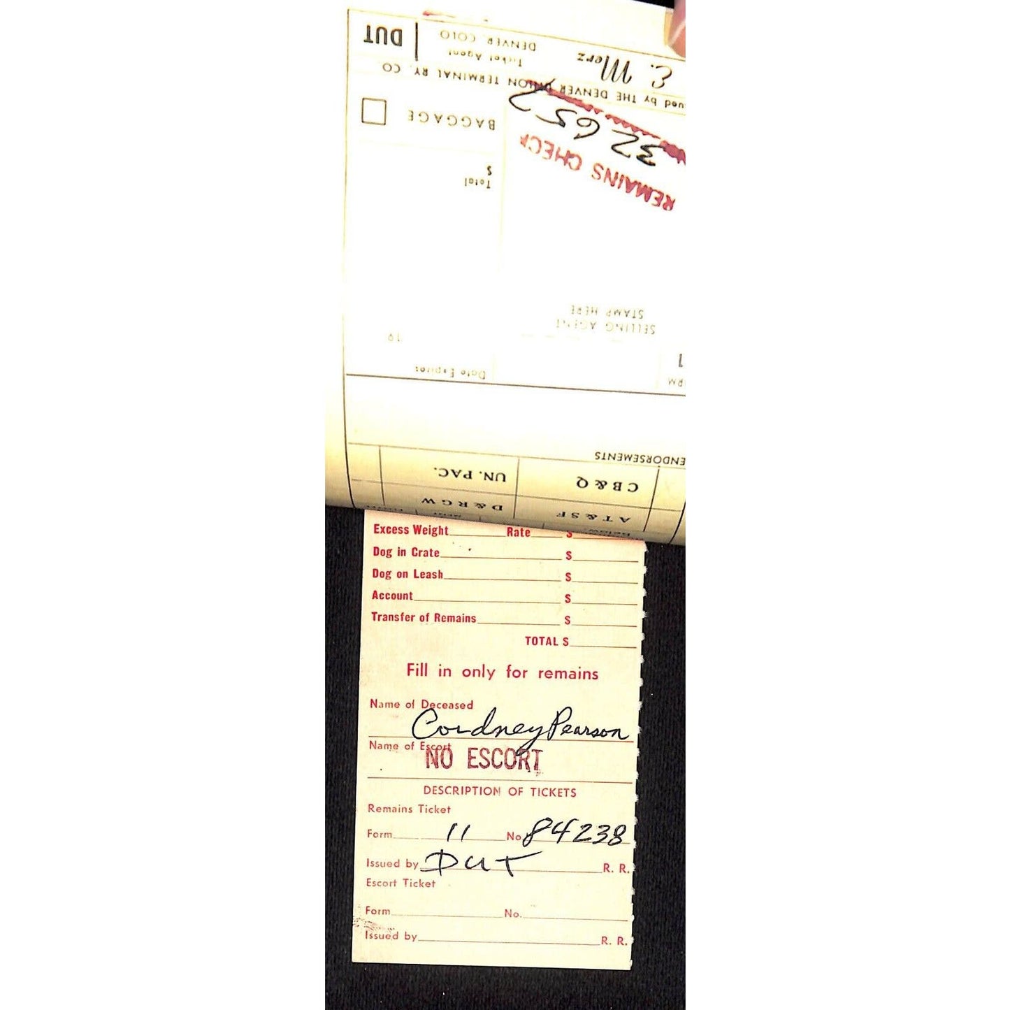 1970 Burlington Route Prepaid Excess / Deceased Remains Check 32-657 VGC