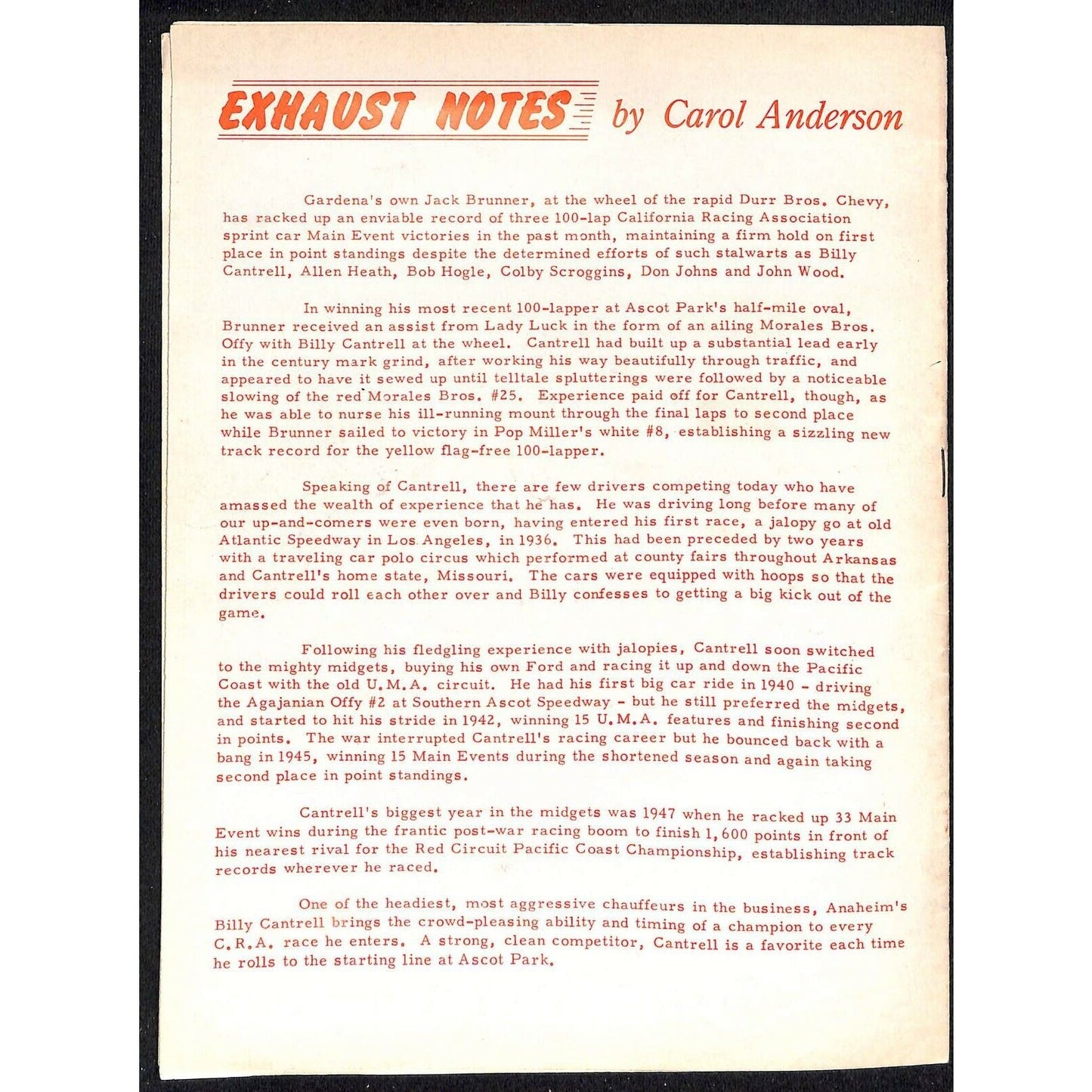 Scarce Jul 8 1961 Auto Racing CRA Big Car Program Ascot Gardena, CA 12pp