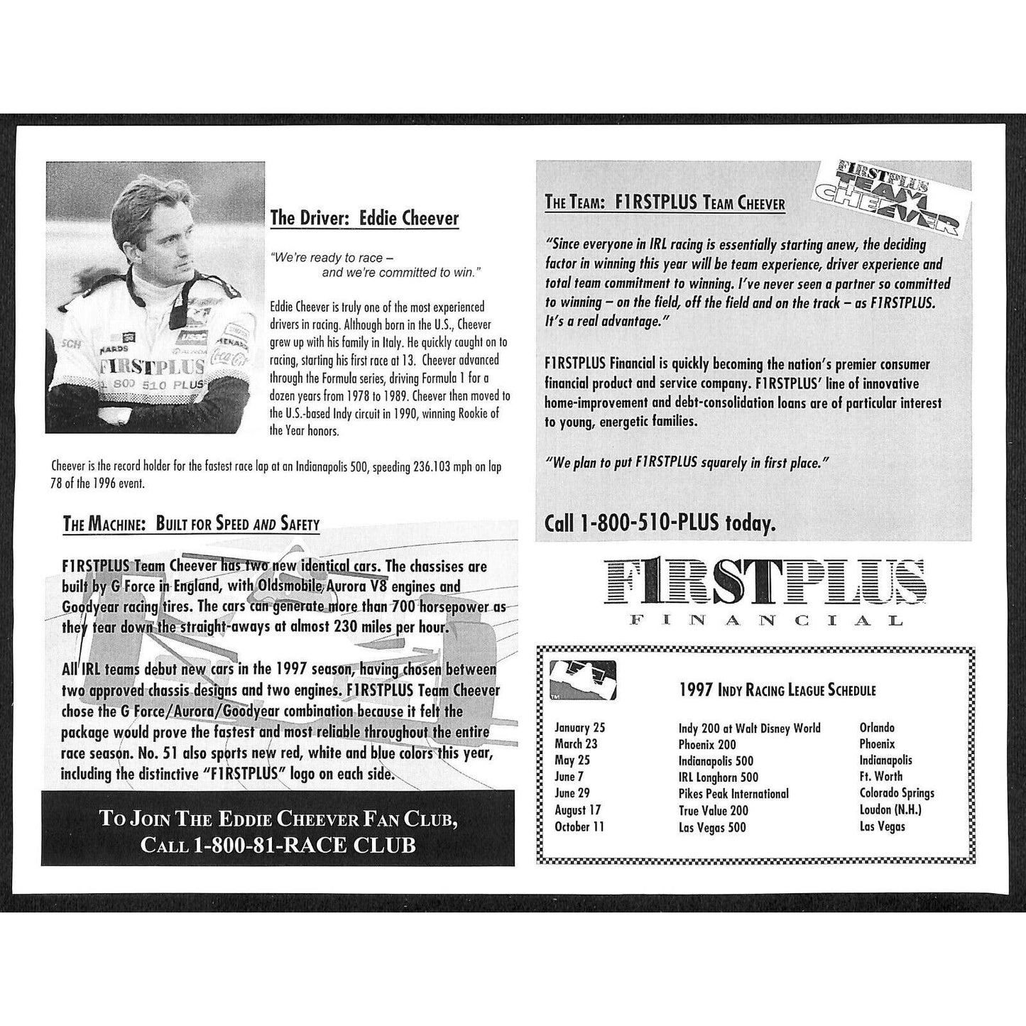 1997 Indy Racing League Schedule - Feat. Eddie Cheever Single Sheet - Indy 500