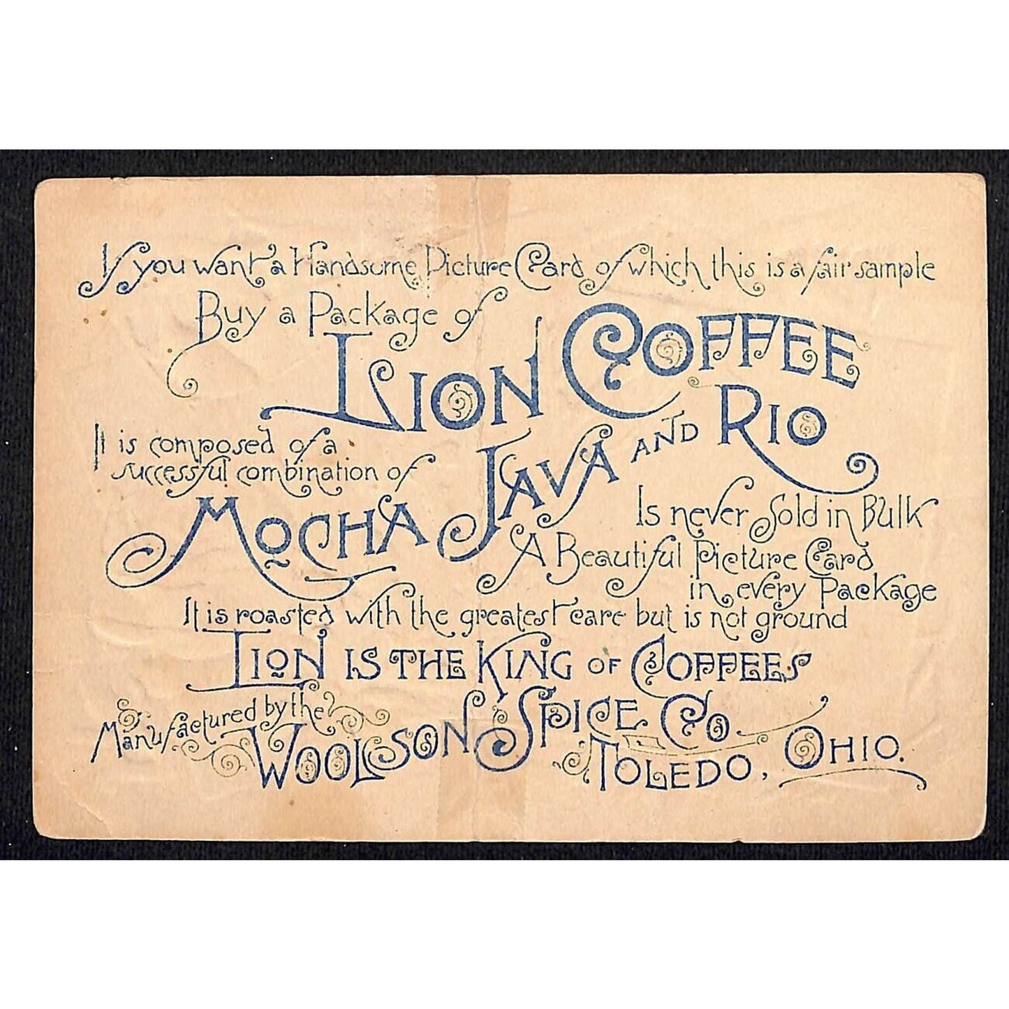 Lion Coffee Mocha Java and Rio Woolson Spice Victorian Trade Card Winter Scene