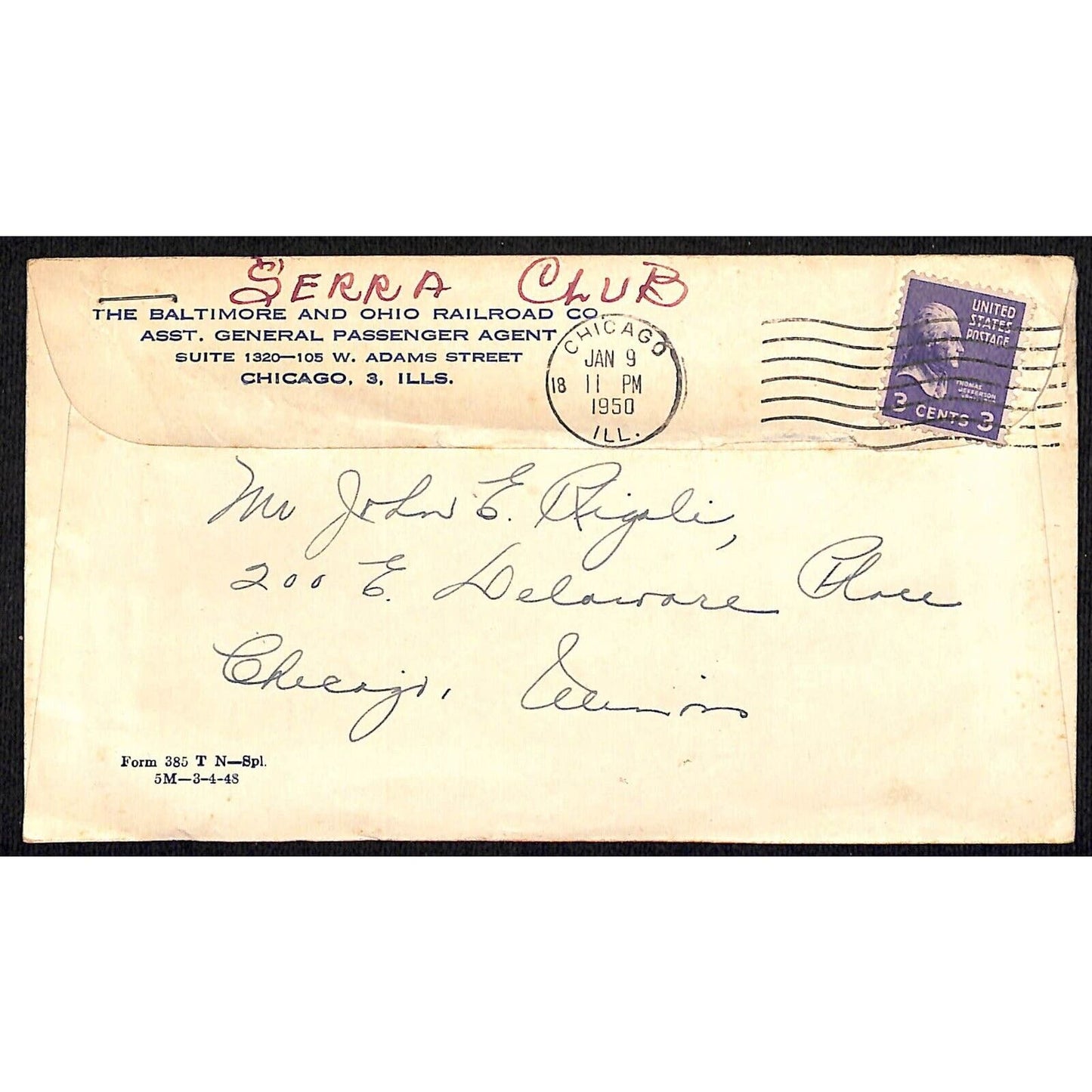 Baltimore & Ohio Railroad Company Mailing Envelope w/ Map c1945 w/1950 PM