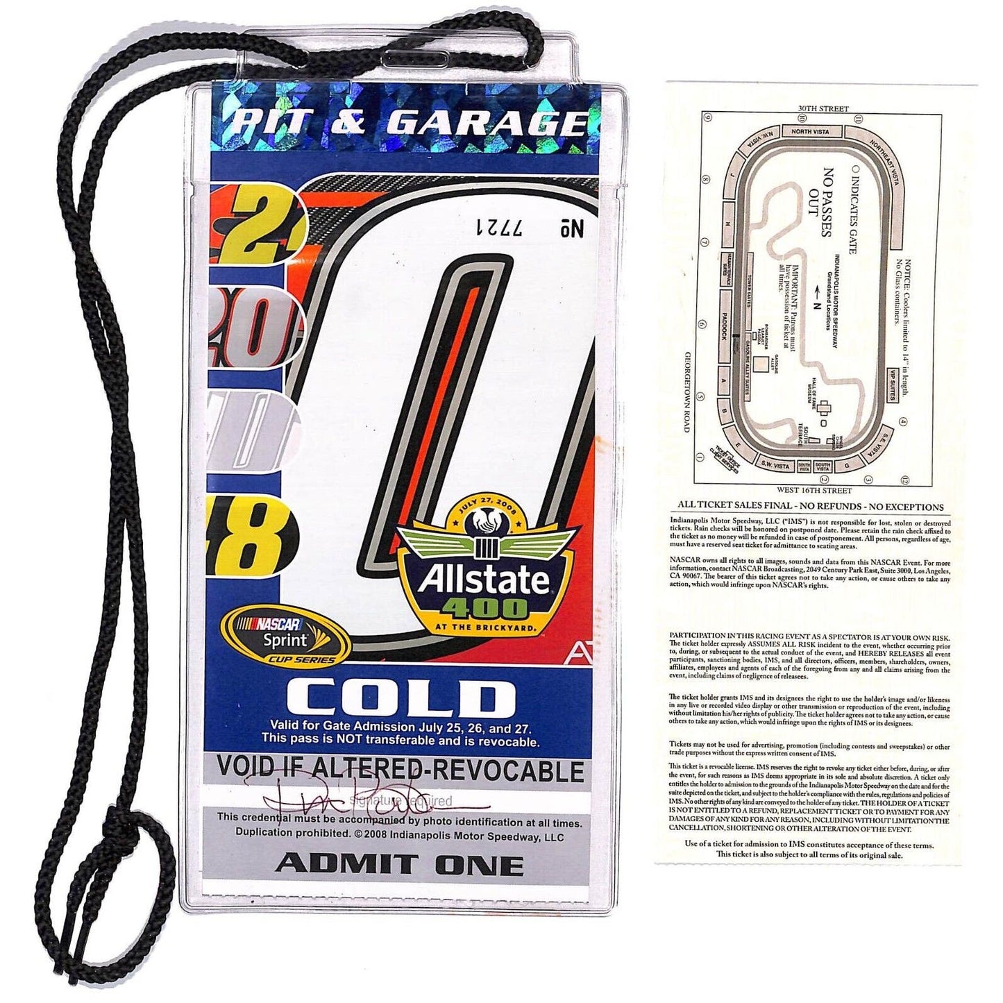 2008 Allstate 400 Ticket Stub Pit & Garage Pass w/ Lanyard The Ron Burton Estate