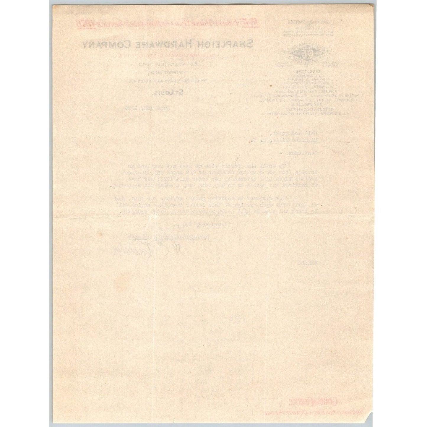 St. Louis Shapleigh Hardware Co. Diamond Edge 1926 Letterhead