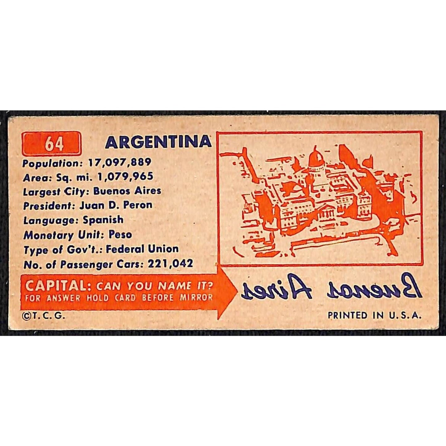 c1949 Argentina Statistics Info Card - Part of a Series w/ License Plate Art